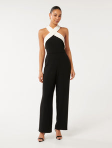 Andie Contrast Halter Jumpsuit Black & White