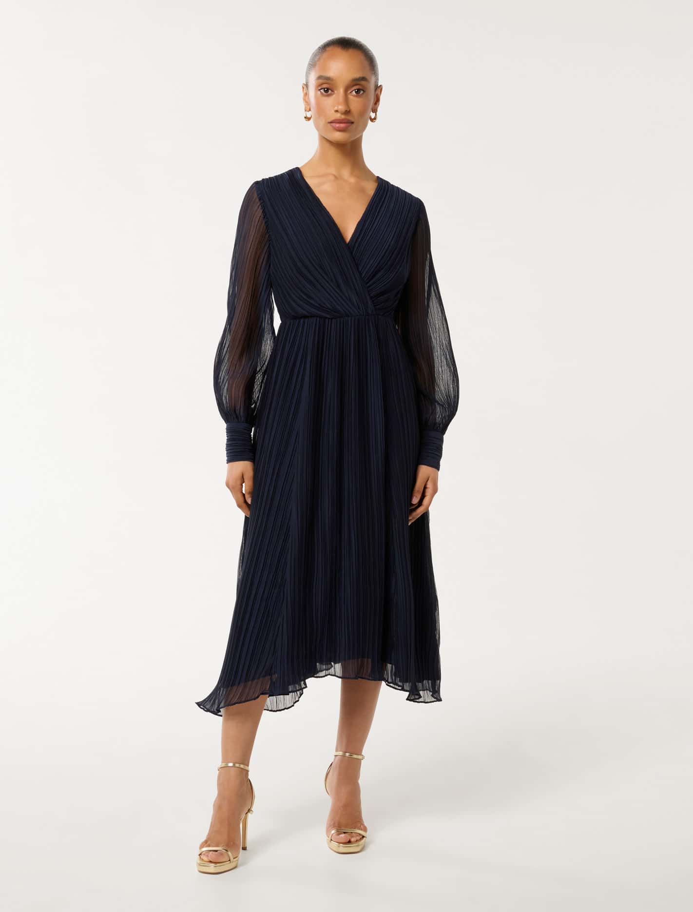 Genevieve Petite Crinkle Midi Navy