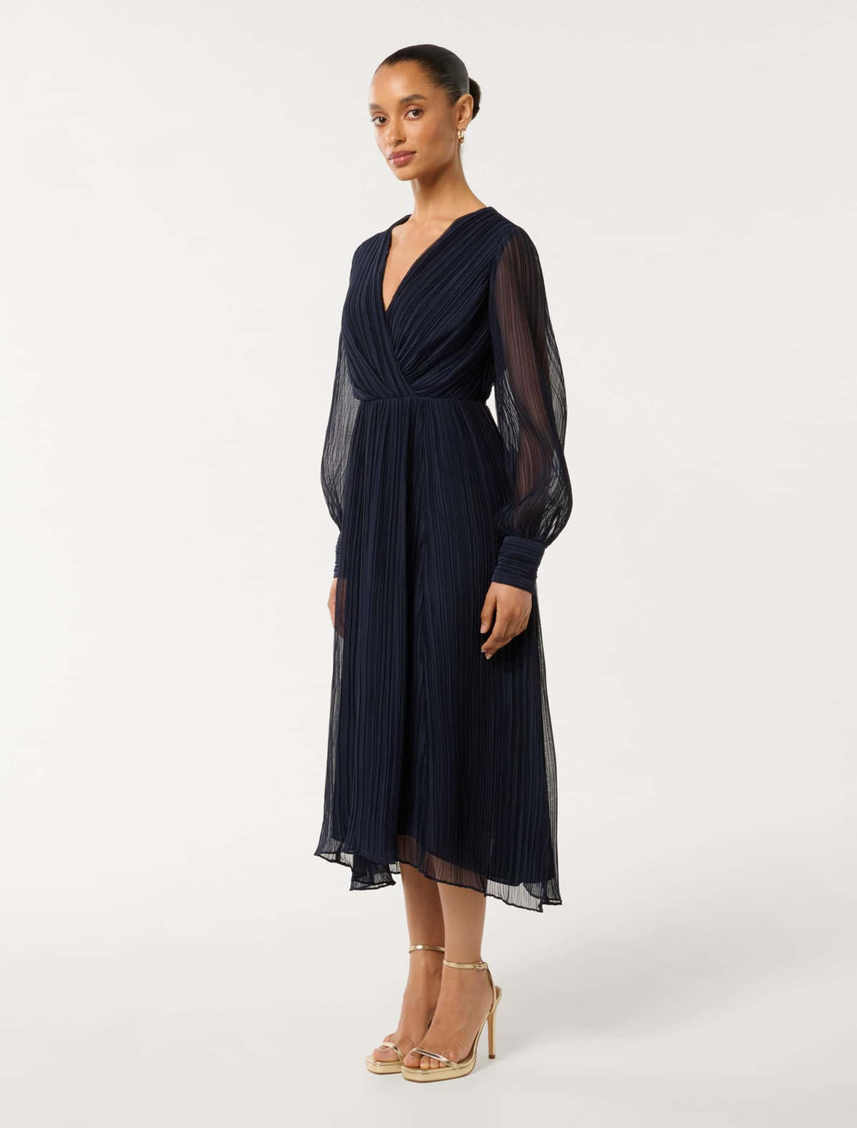 Genevieve Petite Crinkle Midi Navy