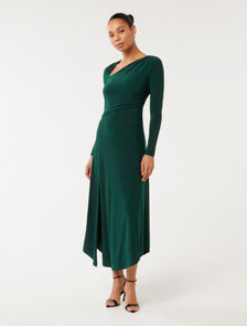 Sawyer Asymmetric Drape Dress Forest Moss
