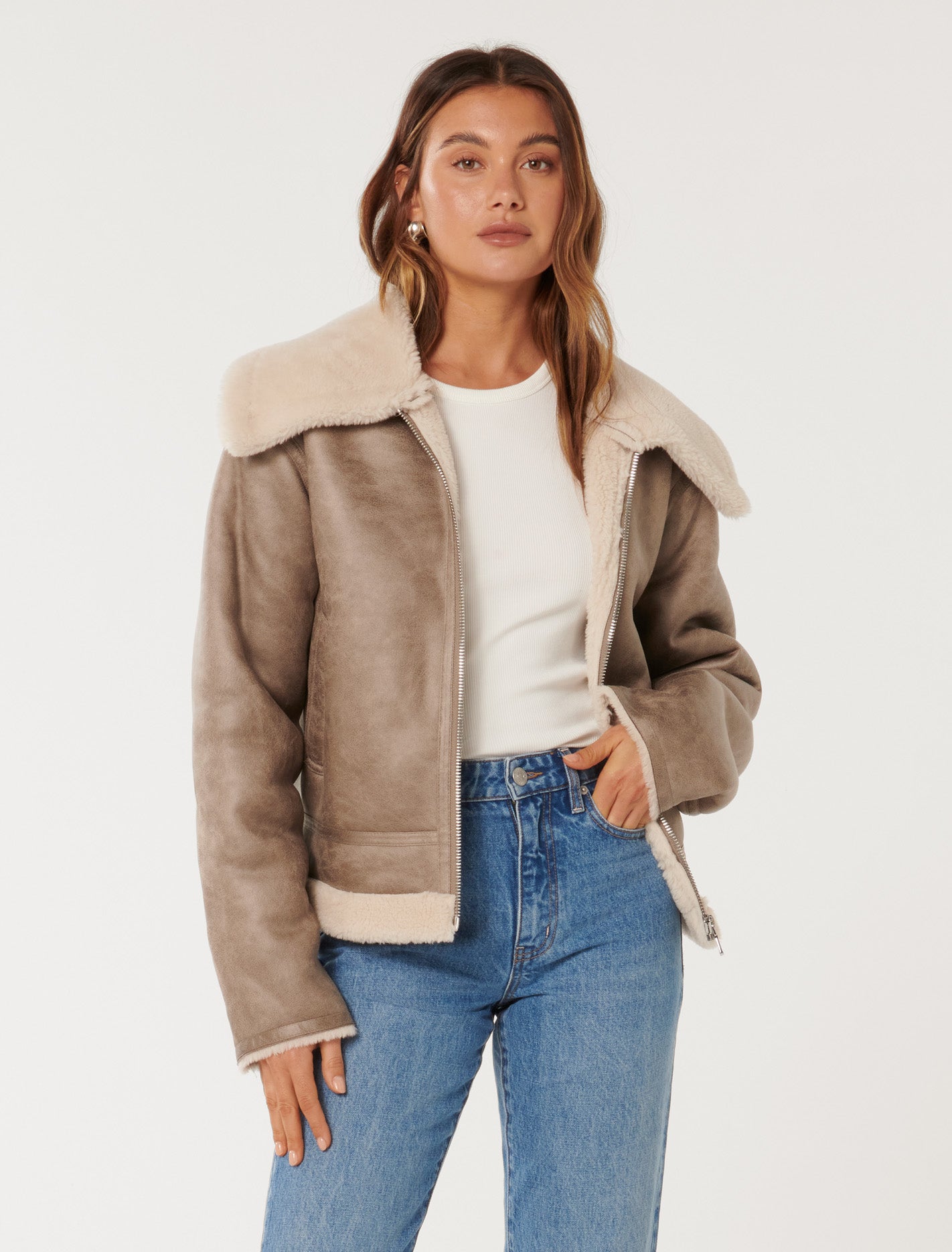 Jamie Shearling Aviator Jacket Brown/Cream