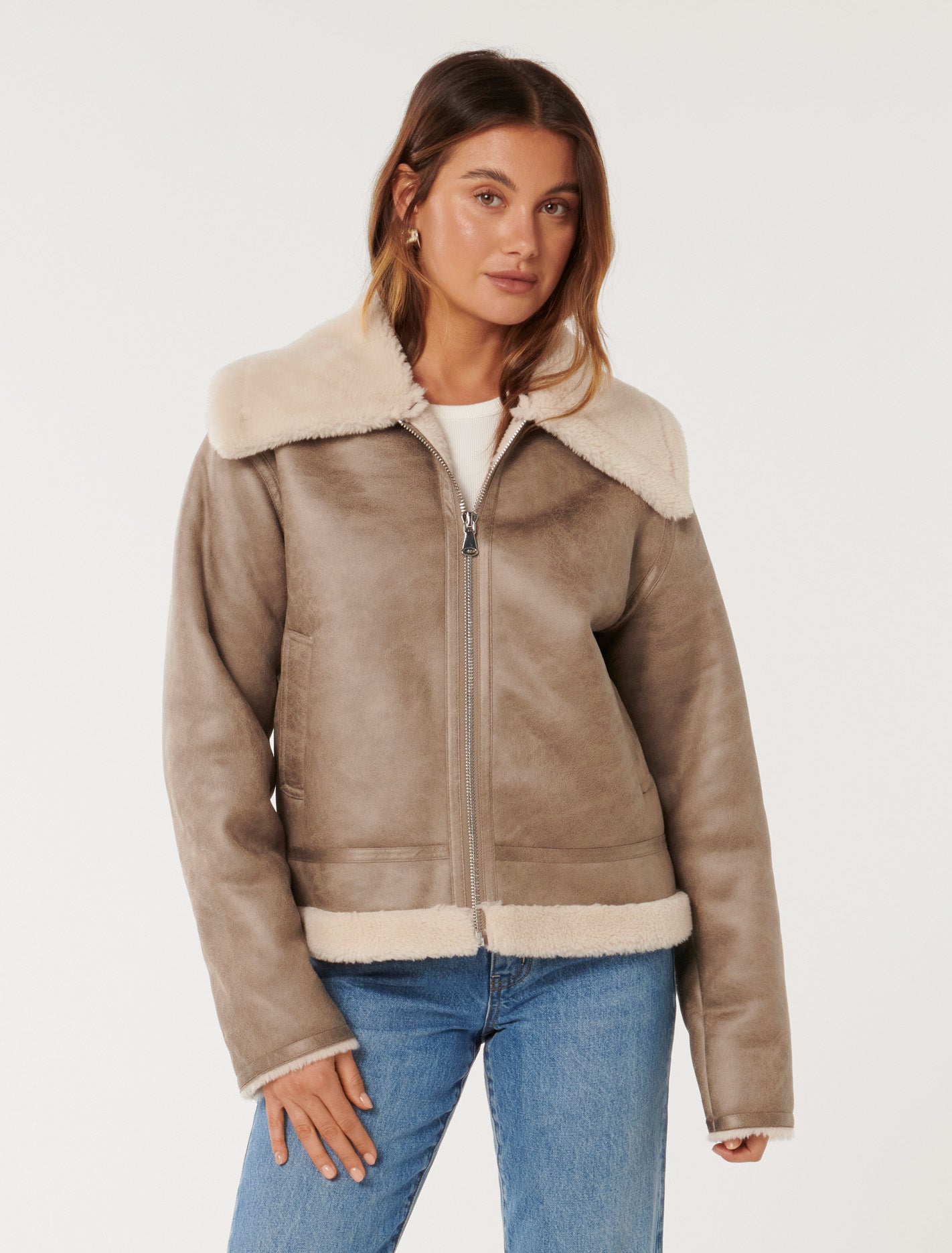 Jamie Shearling Aviator Jacket Brown/Cream