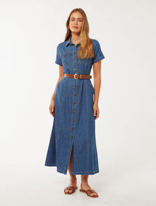 Lana Short Sleeve Midi Dress Mid Wash