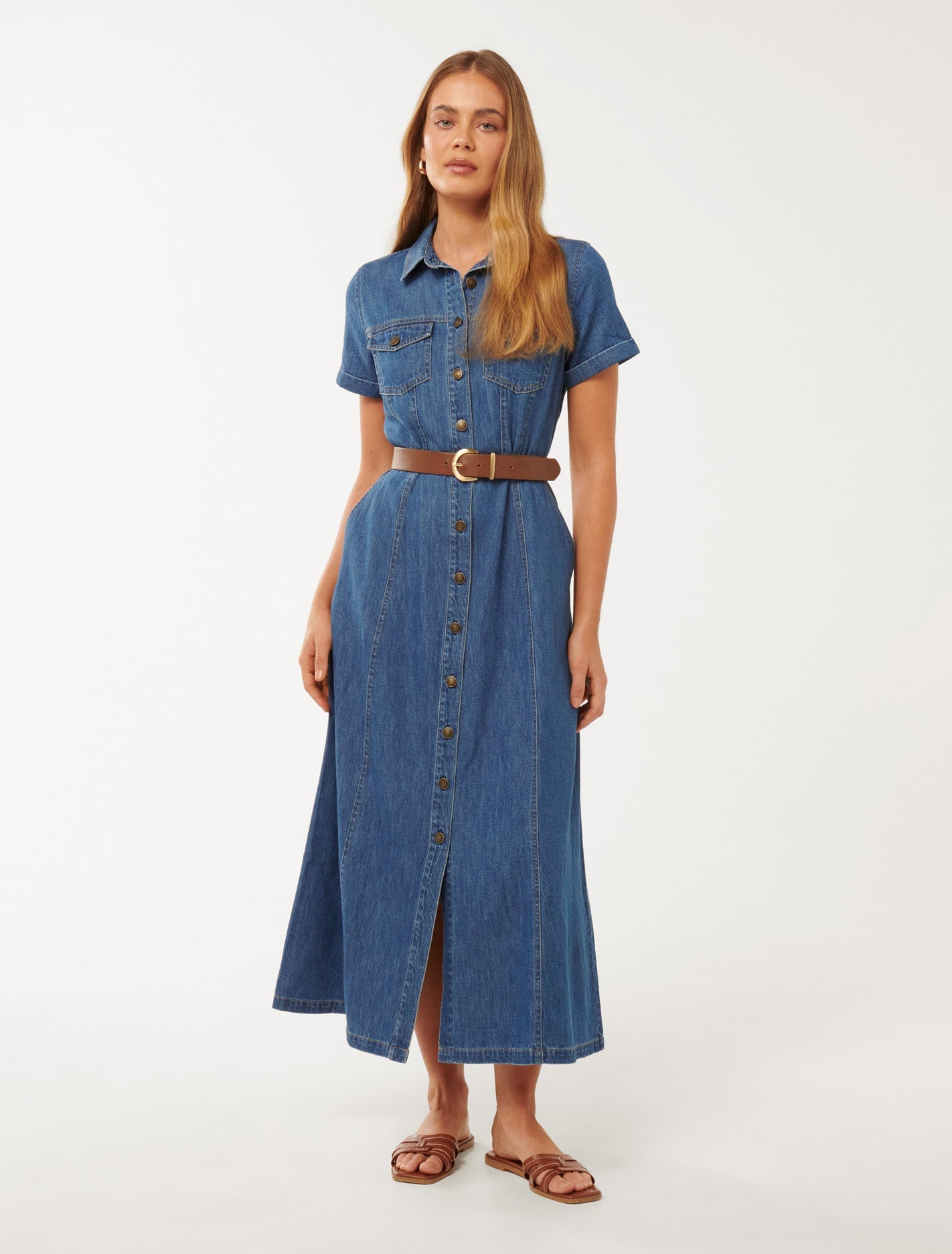 Lana Short Sleeve Midi Dress Mid Wash