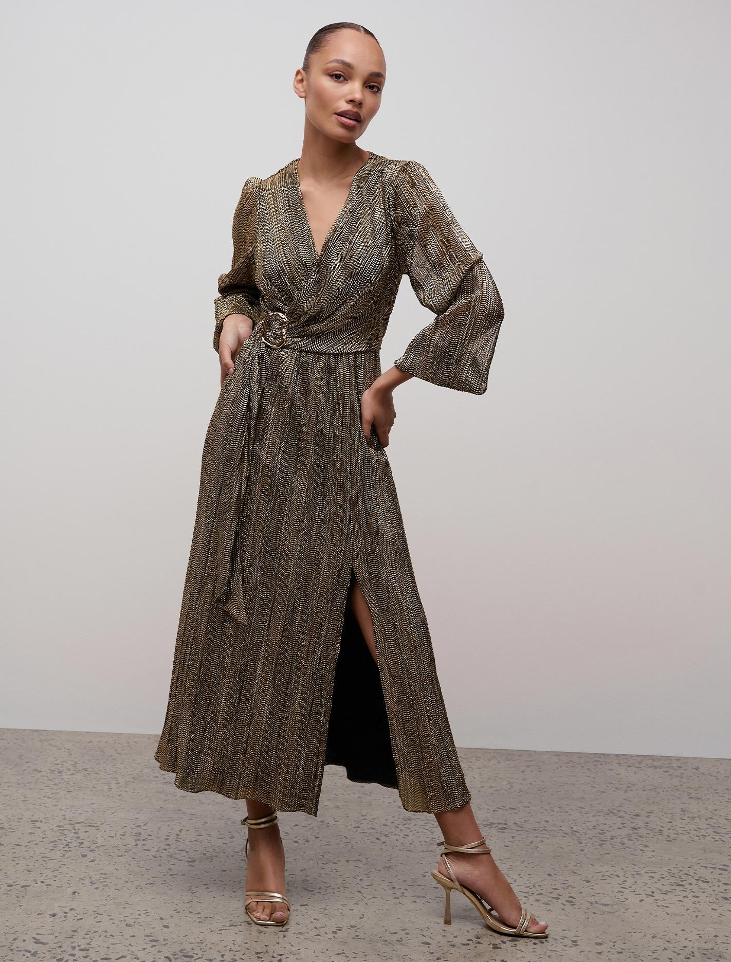 Tyler Plisse Belted Midi Dress Black & Gold