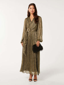 Tyler Plisse Belted Midi Dress Black & Gold