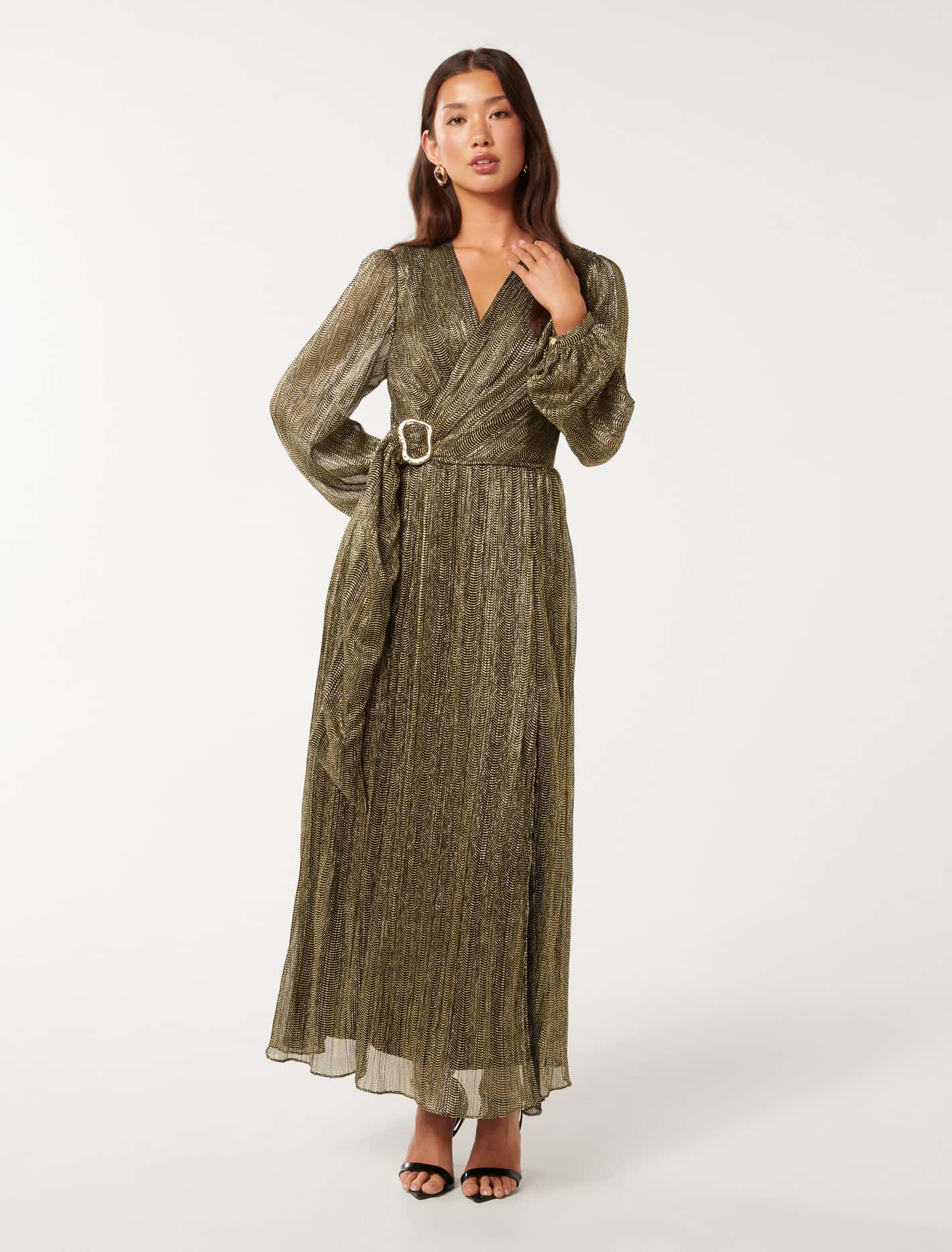 Tyler Plisse Belted Midi Dress Black & Gold