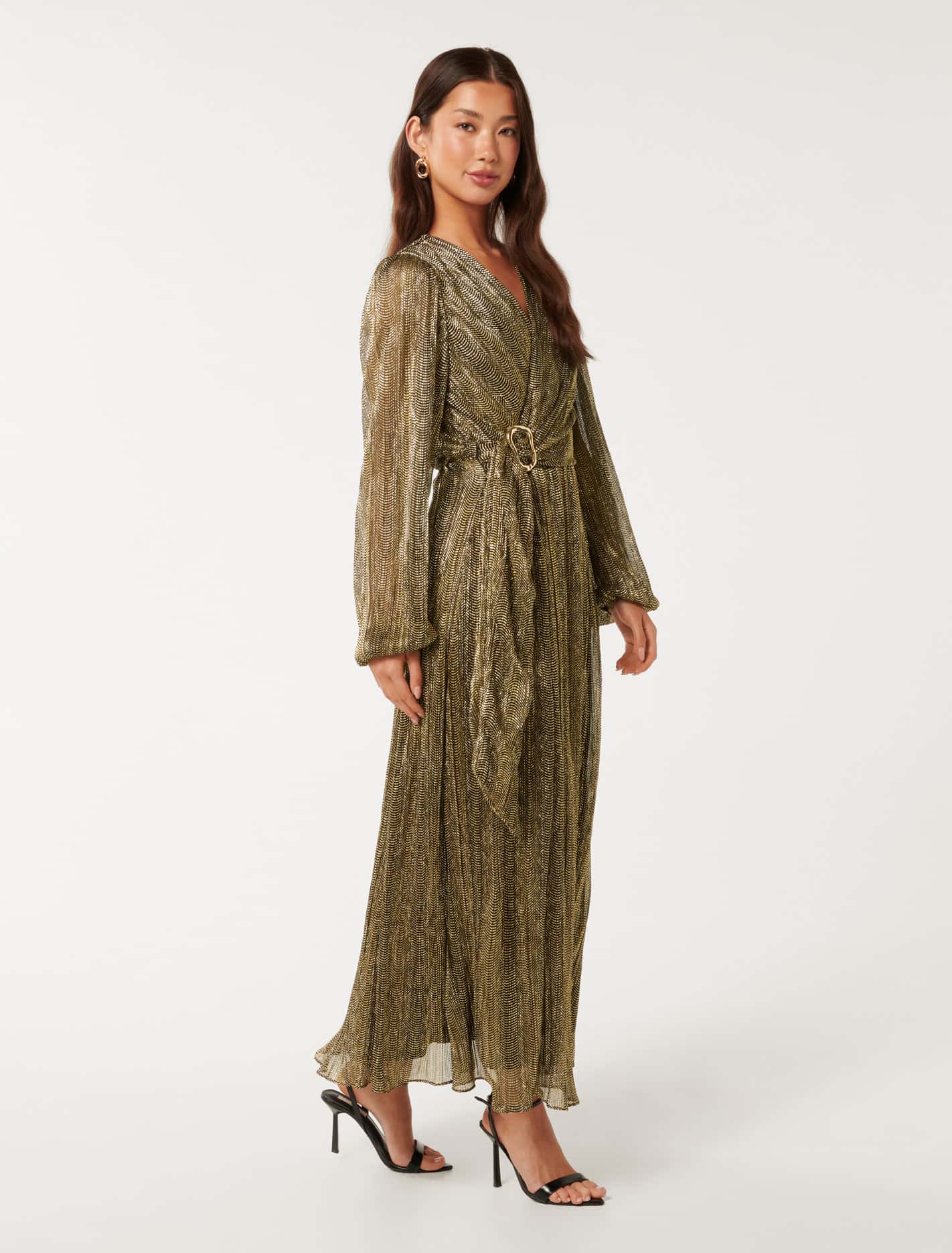Tyler Plisse Belted Midi Dress Black & Gold