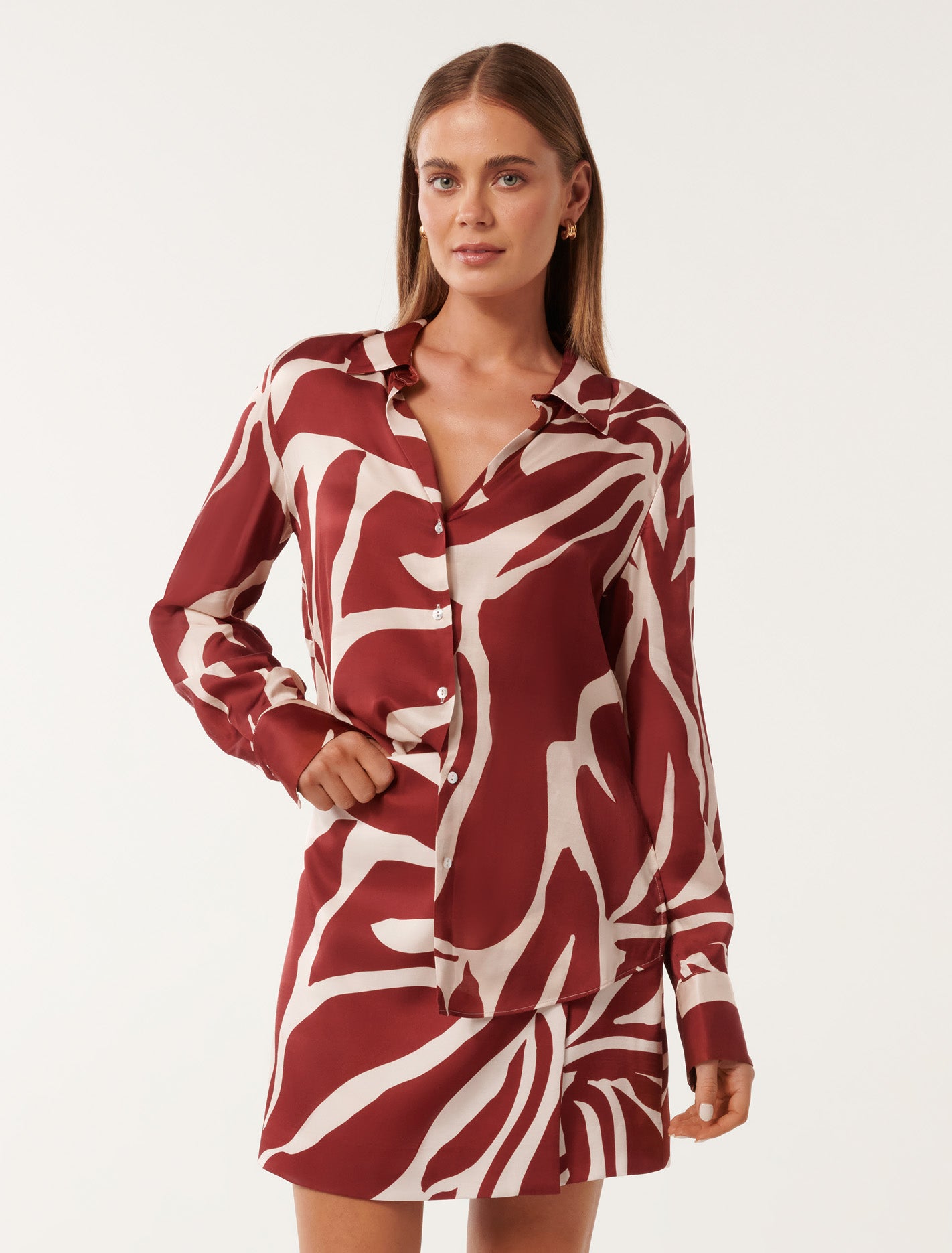 Harvey Notched Neck Satin Shirt Dark Drew Co-ord