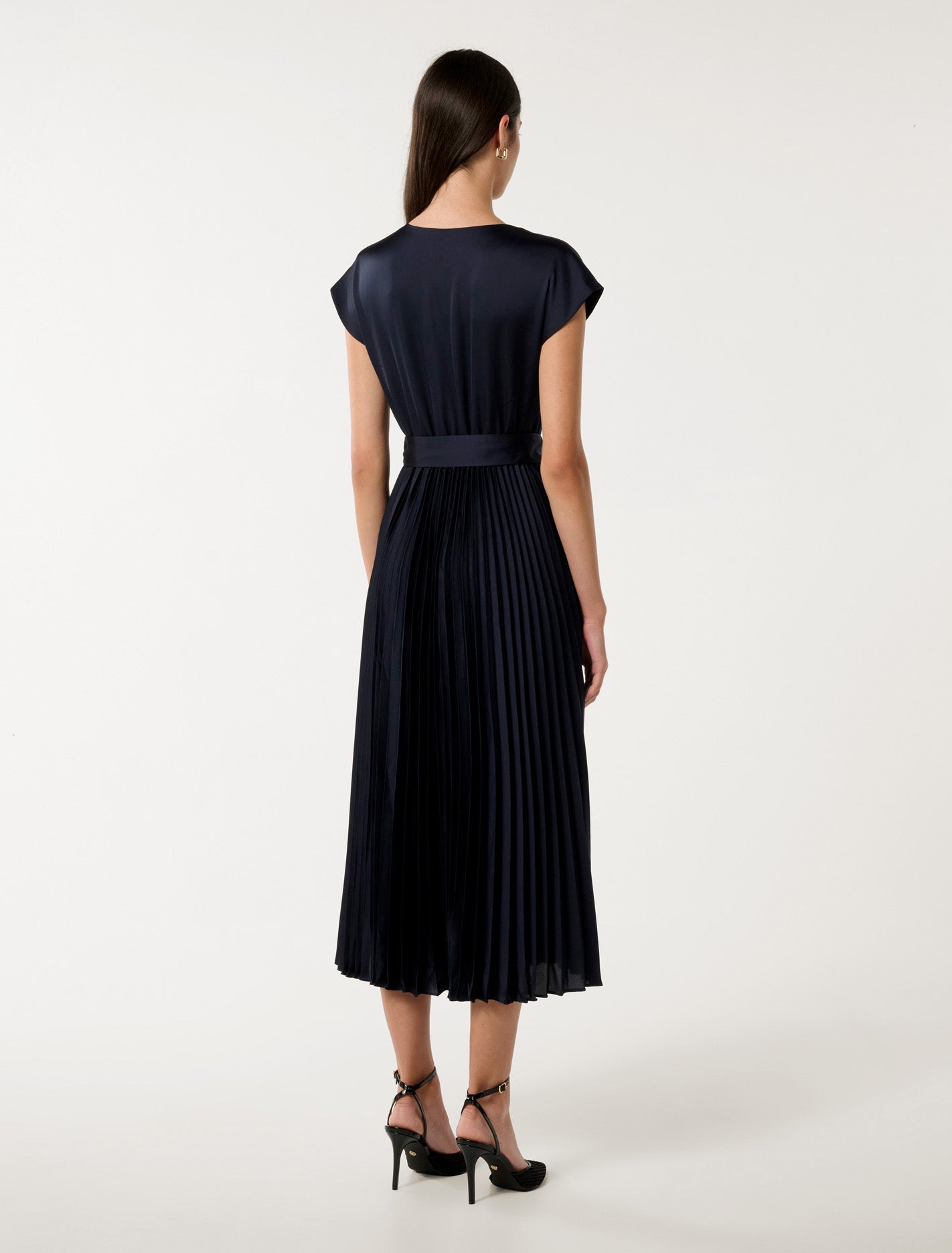 Catherine Satin Pleated Midi Dress Navy