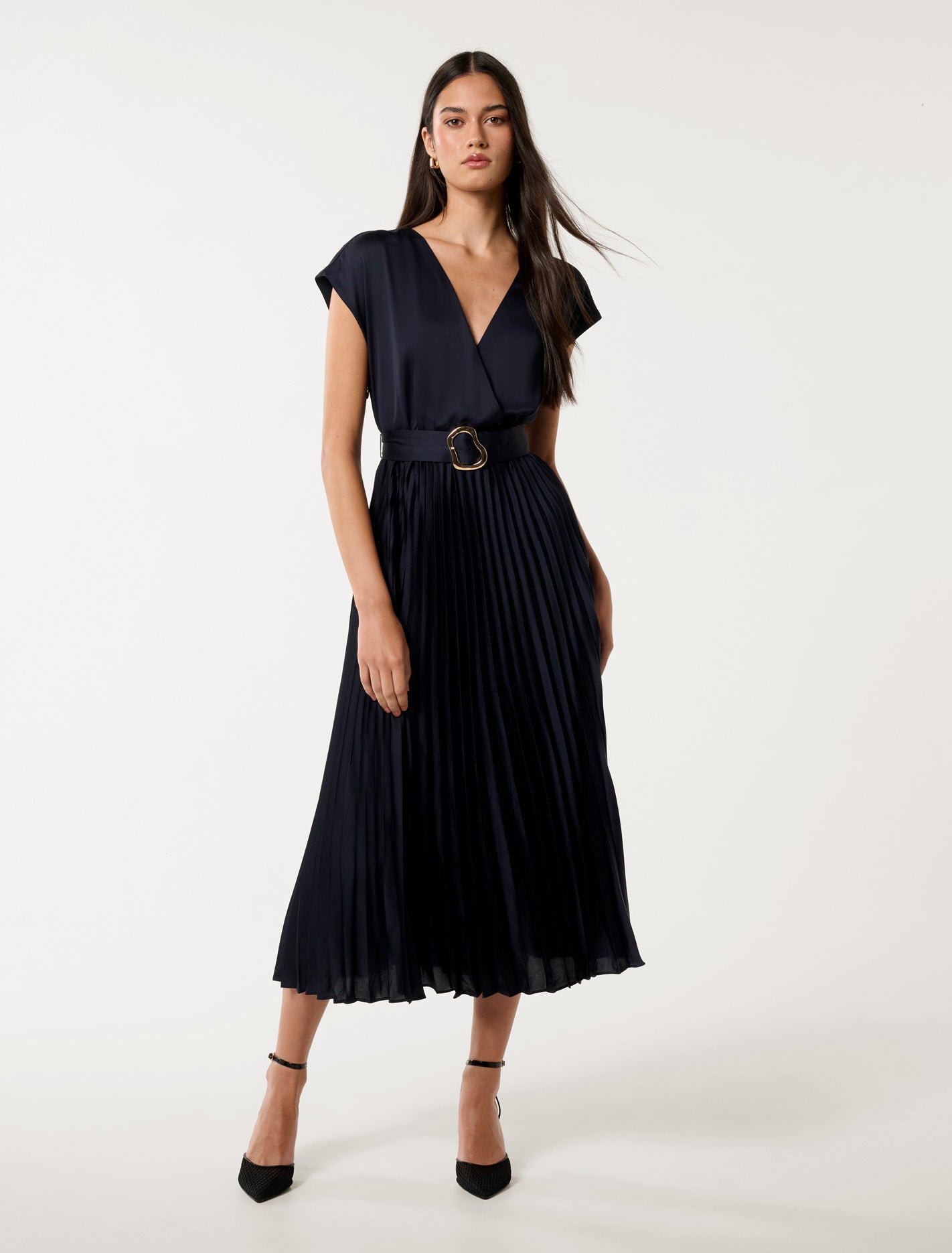 Catherine Satin Pleated Midi Dress Navy