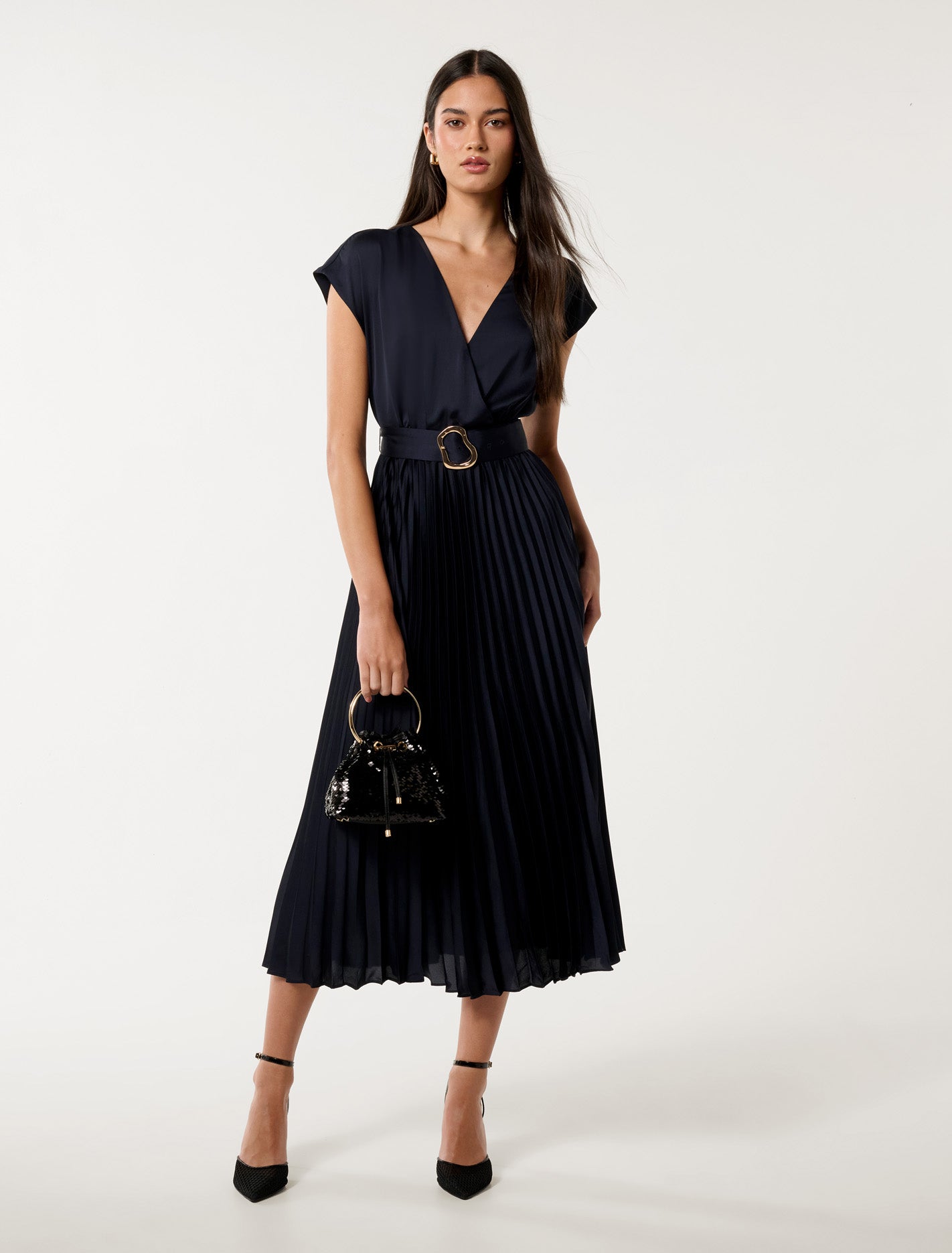 Catherine Satin Pleated Midi Dress Navy