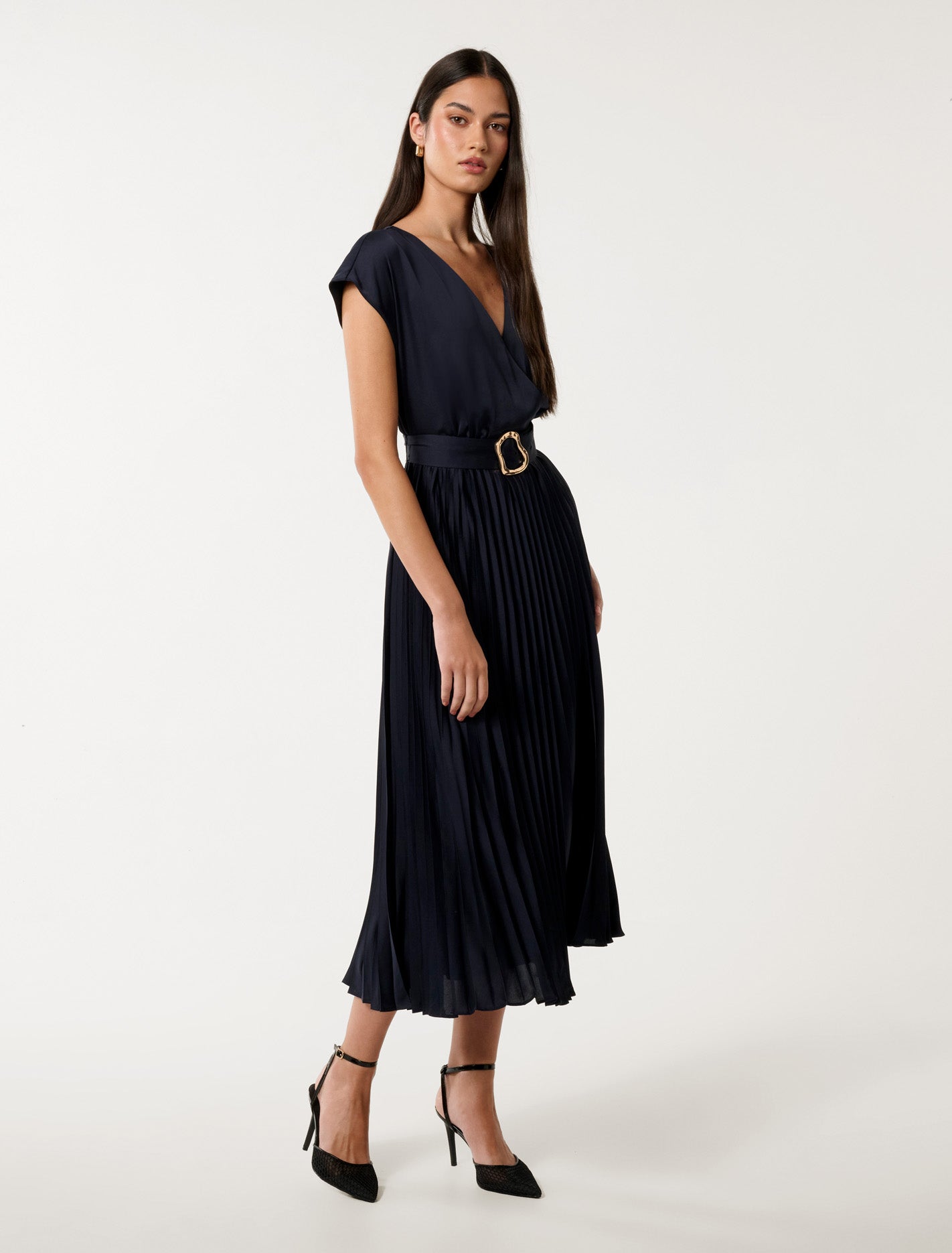 Catherine Satin Pleated Midi Dress Navy