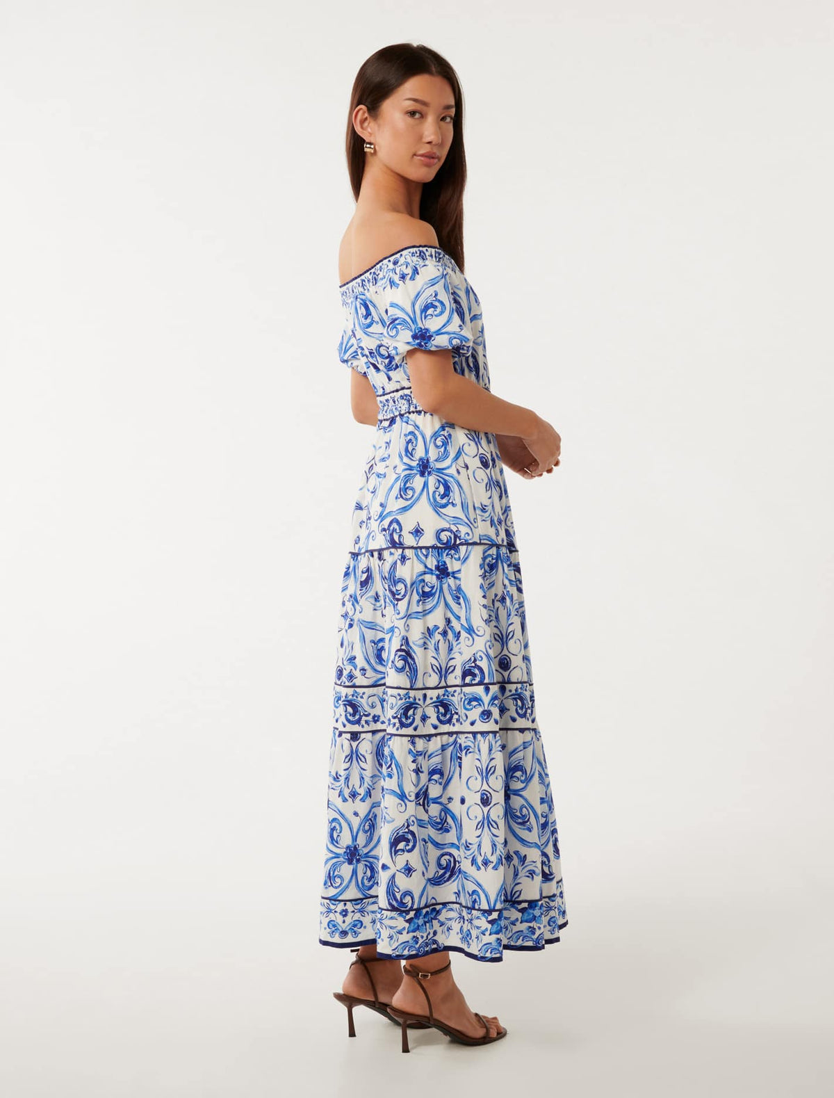 Ravenna Off-Shoulder Tiered Midi Dress Sardinia Tile