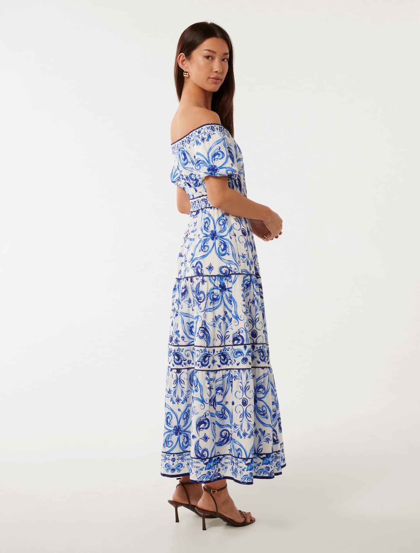 Ravenna Off-Shoulder Tiered Midi Dress Sardinia Tile