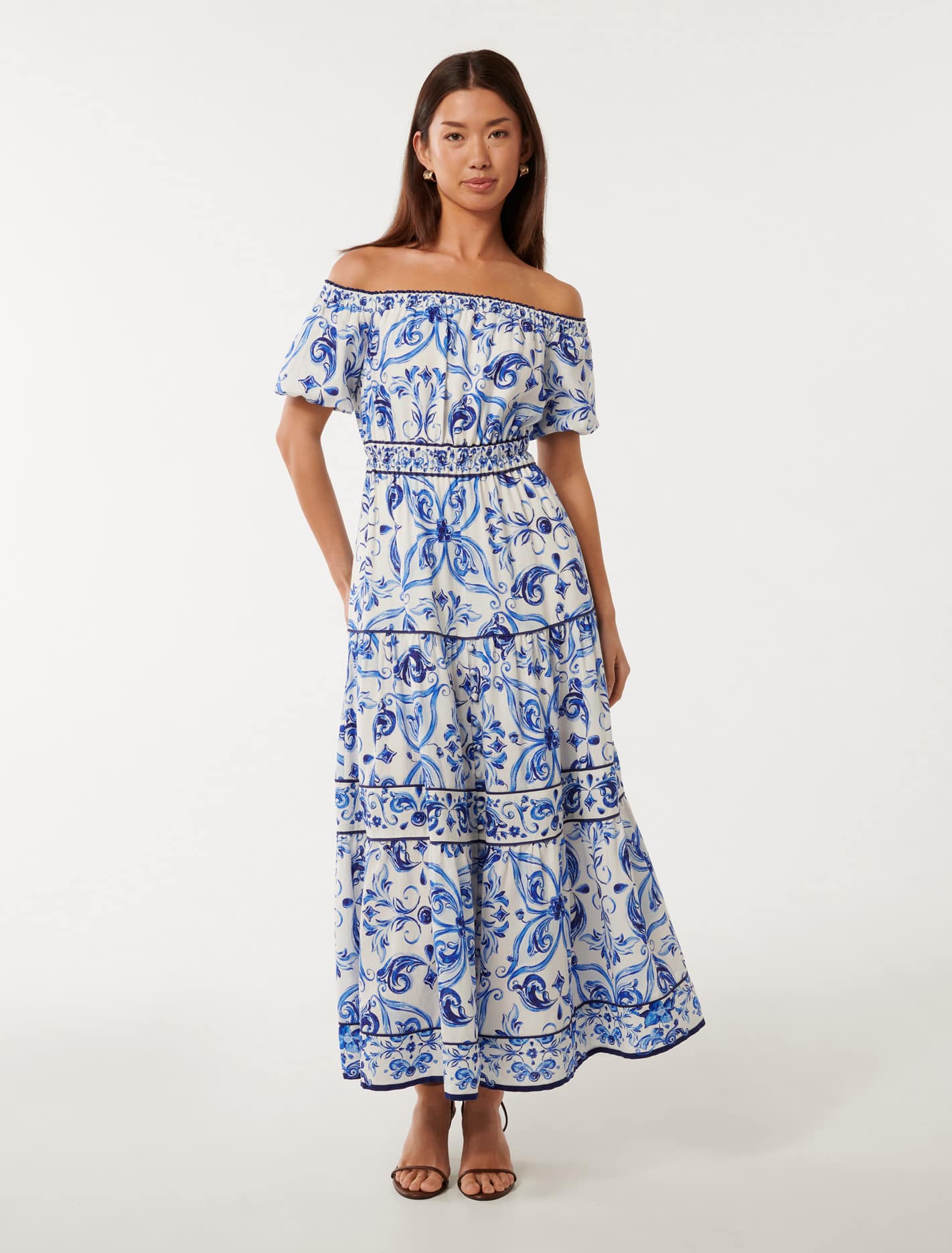 Ravenna Off-Shoulder Tiered Midi Dress Sardinia Tile
