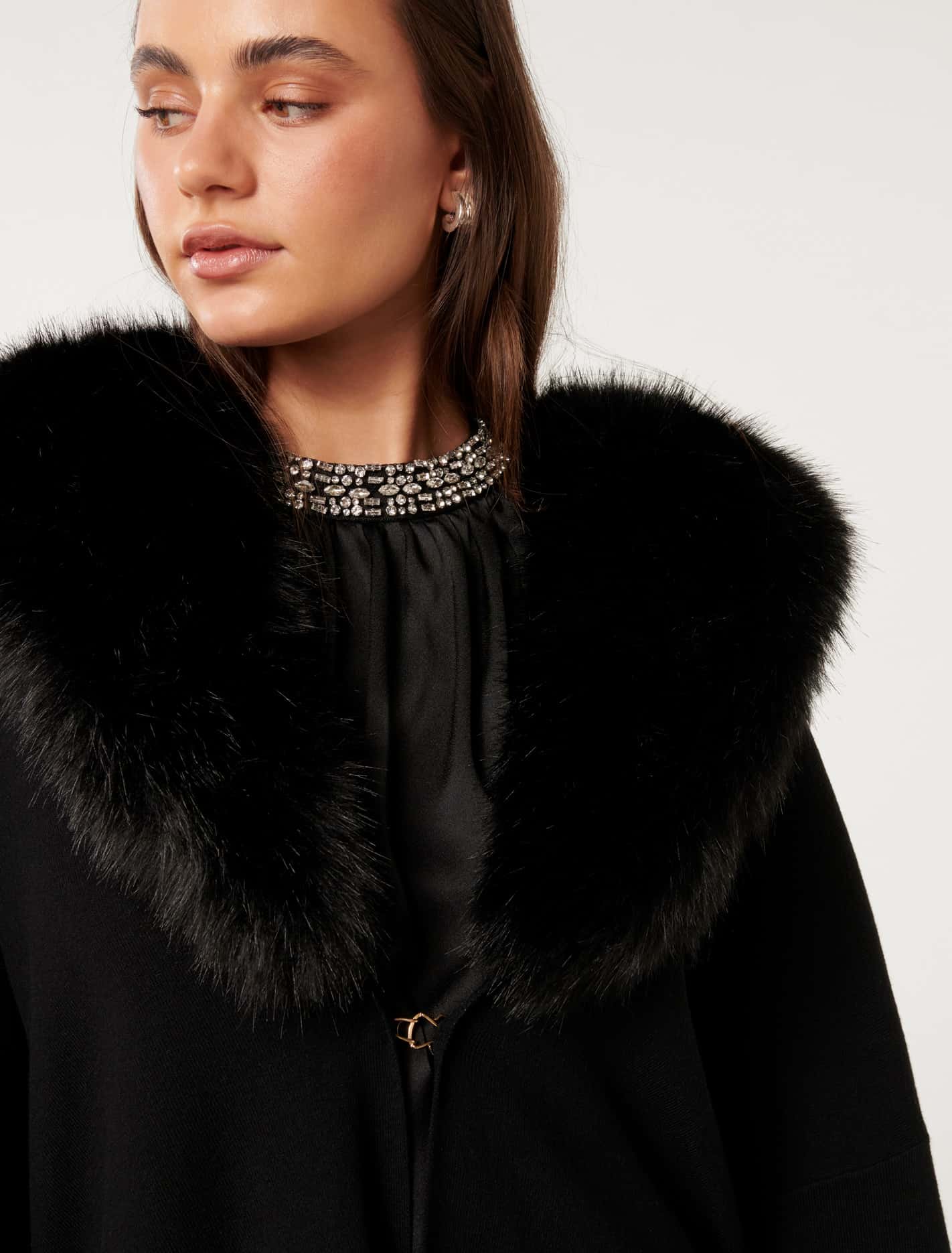 Nia Faux-Fur Trim Cape Black