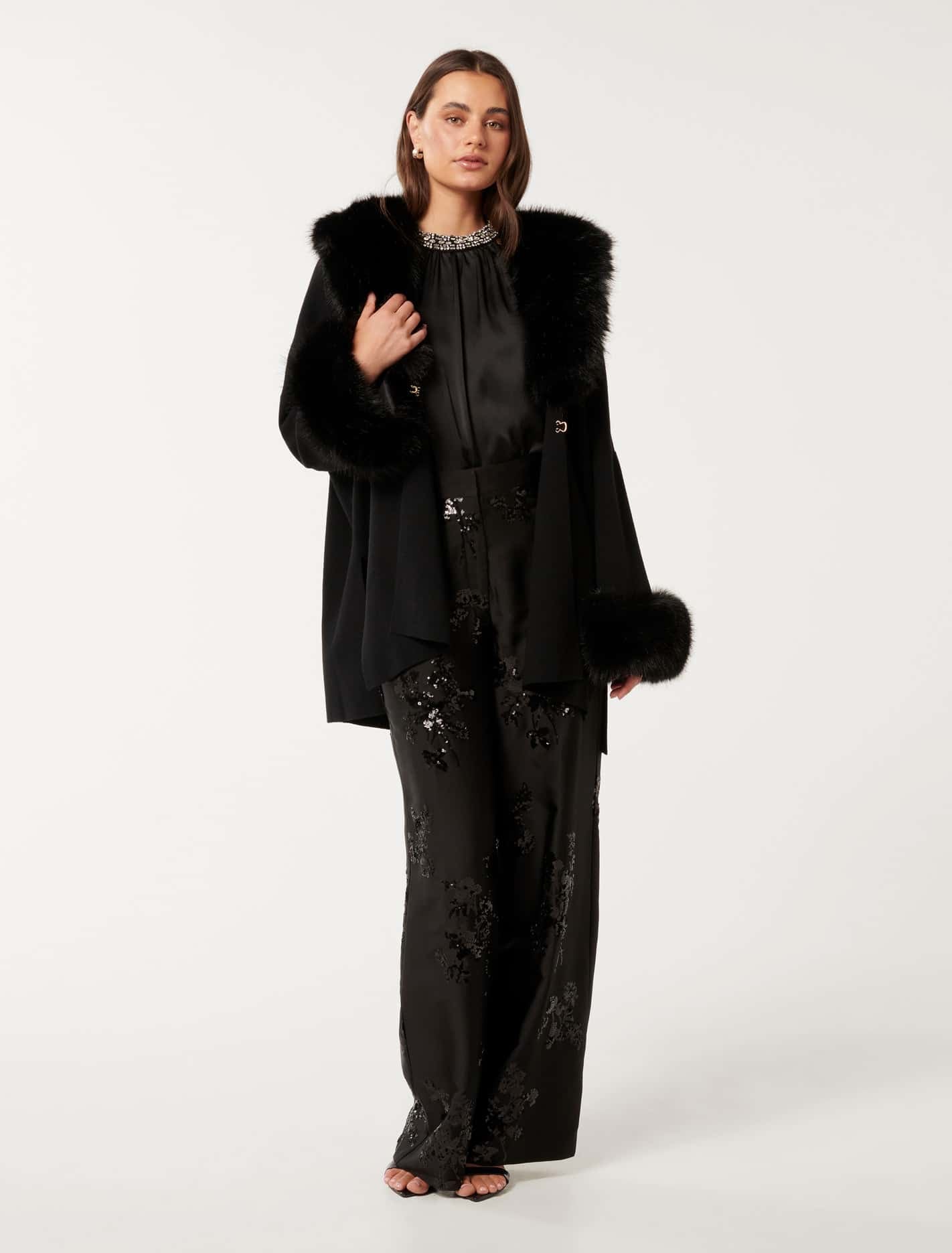 Nia Faux-Fur Trim Cape Black