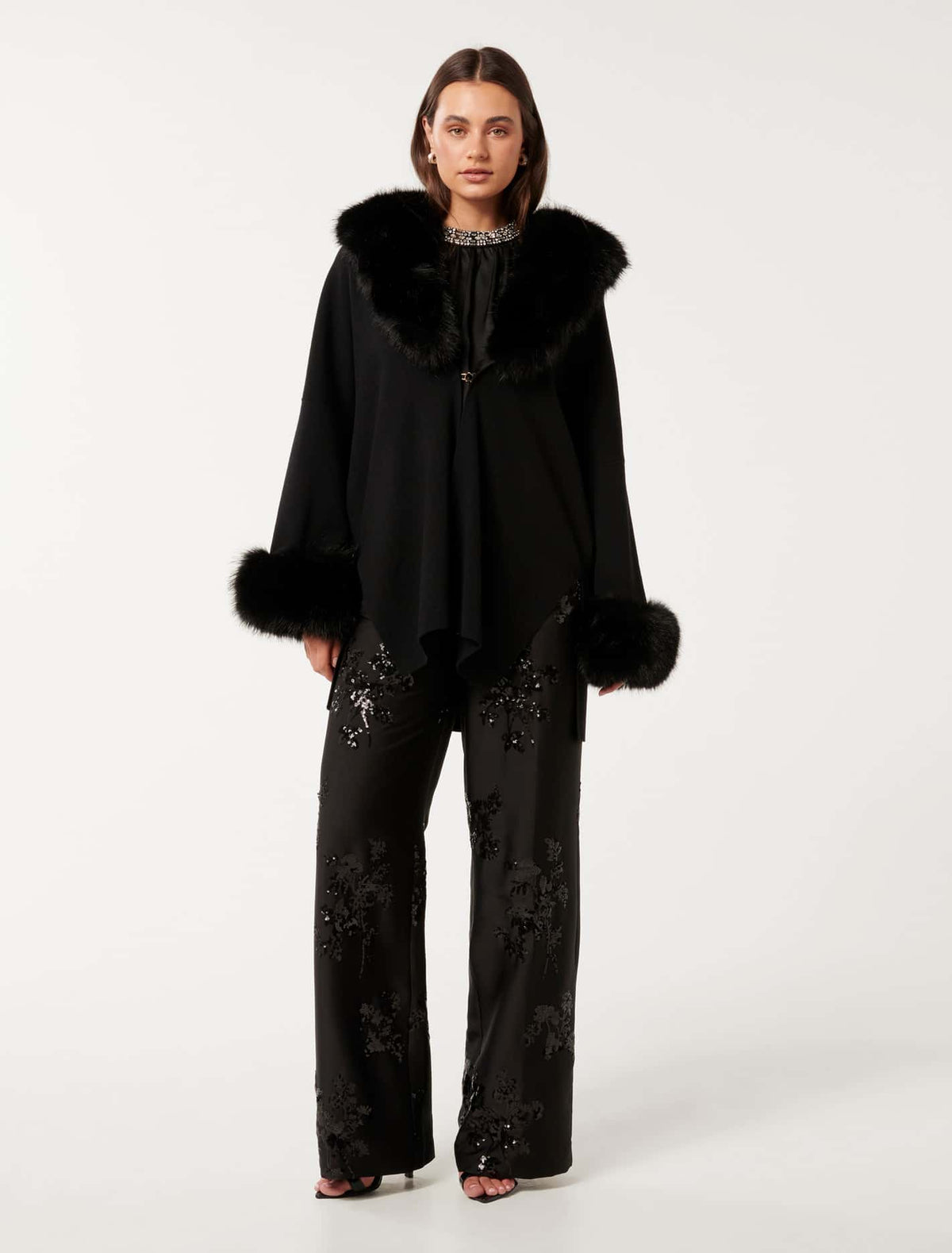 Nia Faux-Fur Trim Cape Black