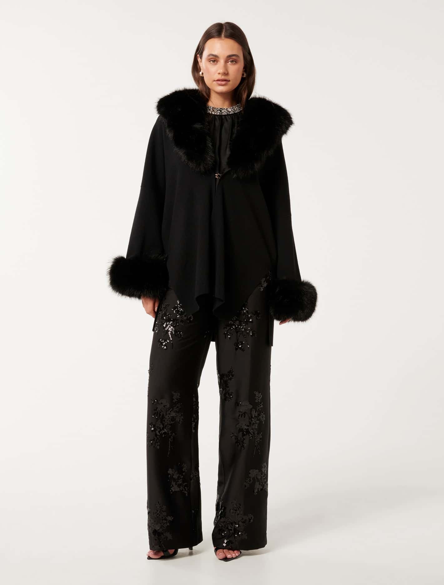 Nia Faux-Fur Trim Cape Black