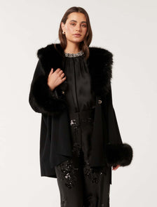 Nia Faux-Fur Trim Cape Black