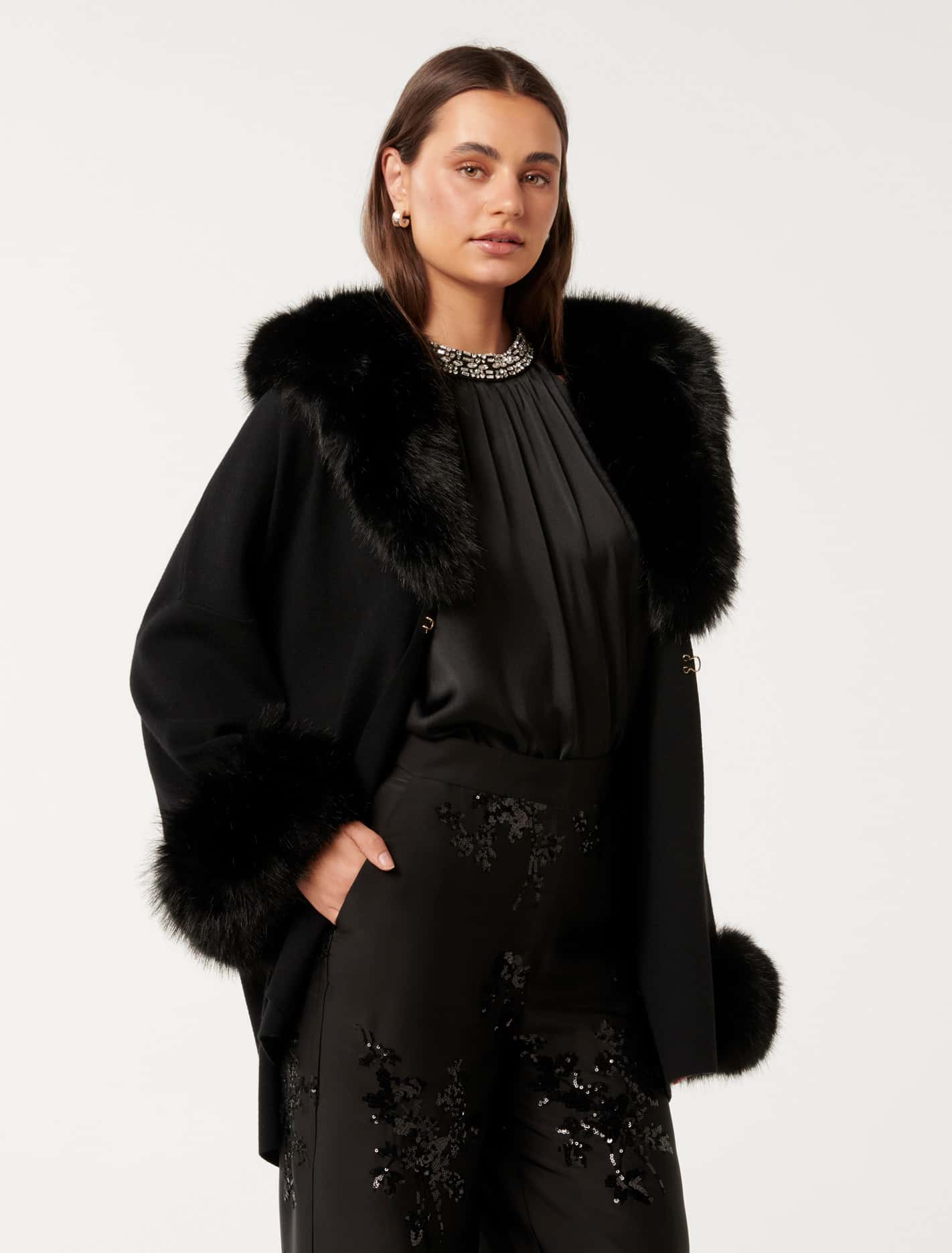 Nia Faux-Fur Trim Cape Black
