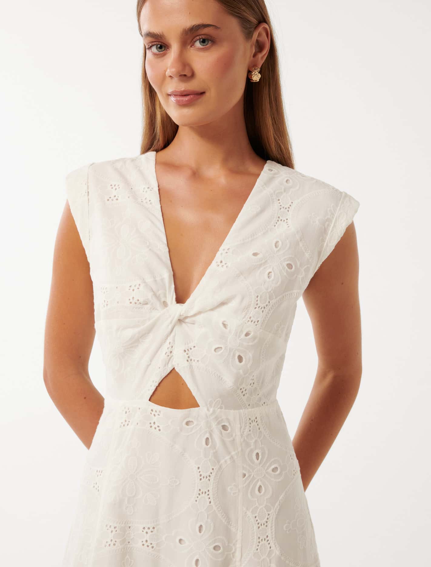 Levi Broderie Twist Front Midi Dress Porcelain