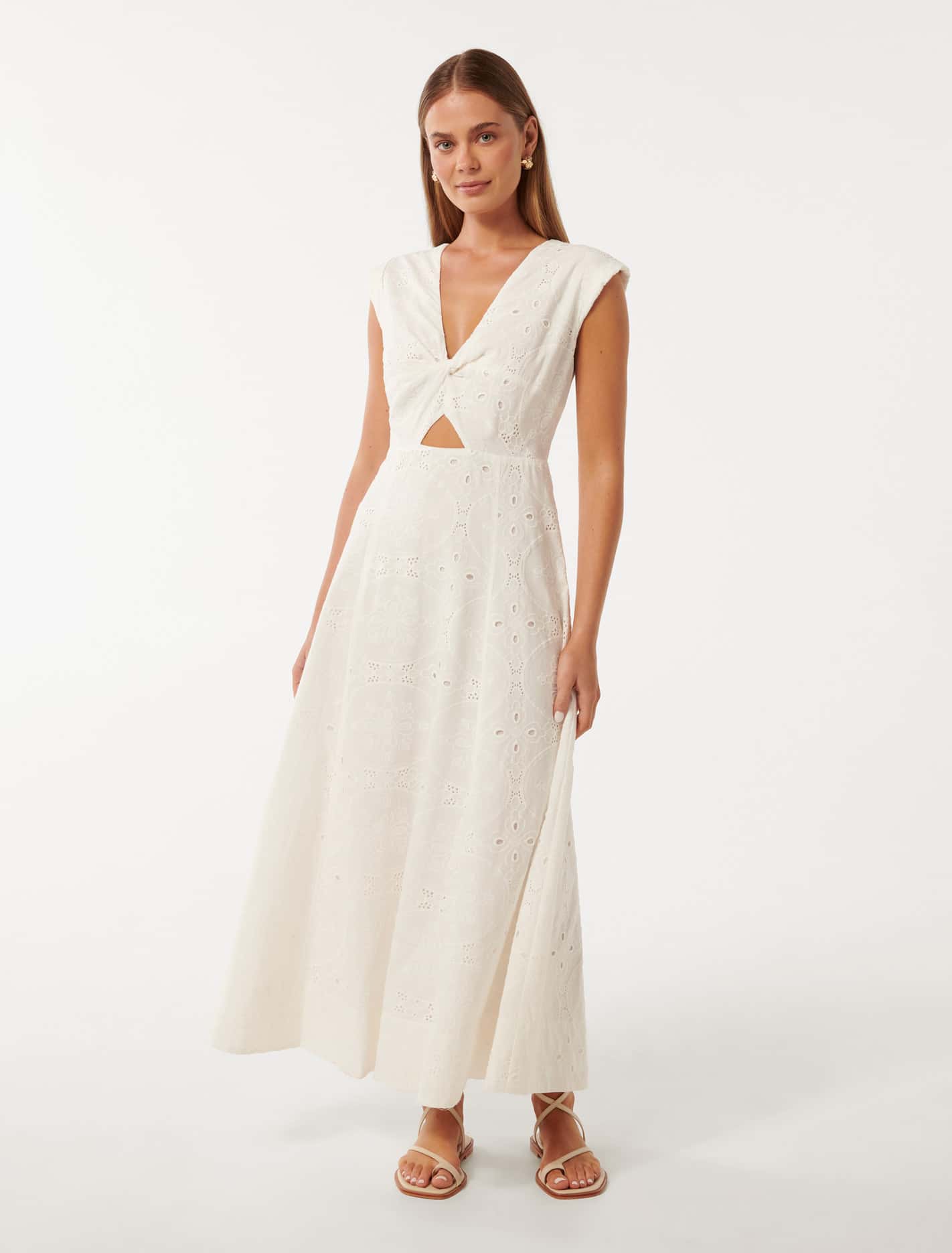 Levi Broderie Twist Front Midi Dress Porcelain
