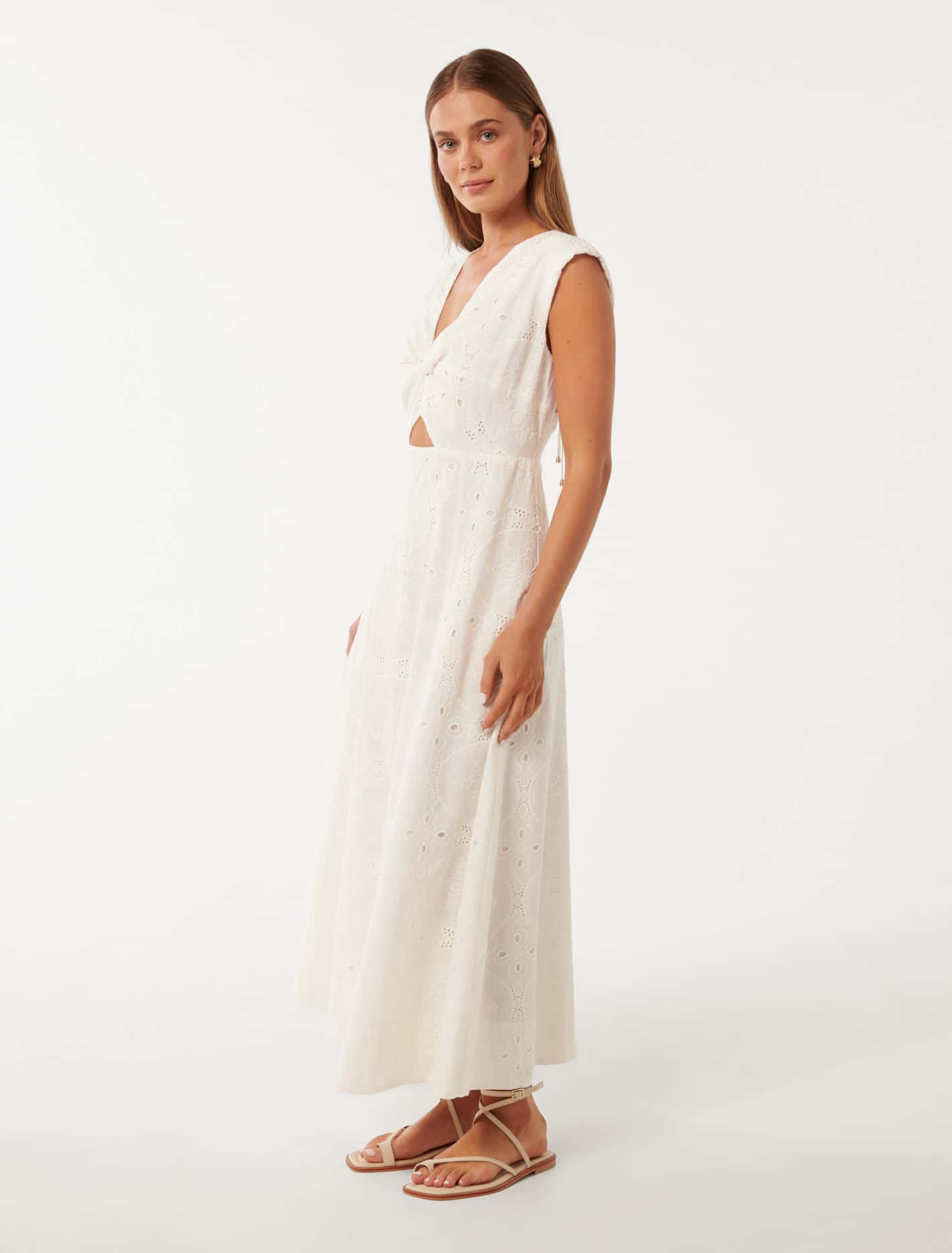 Levi Broderie Twist Front Midi Dress Porcelain