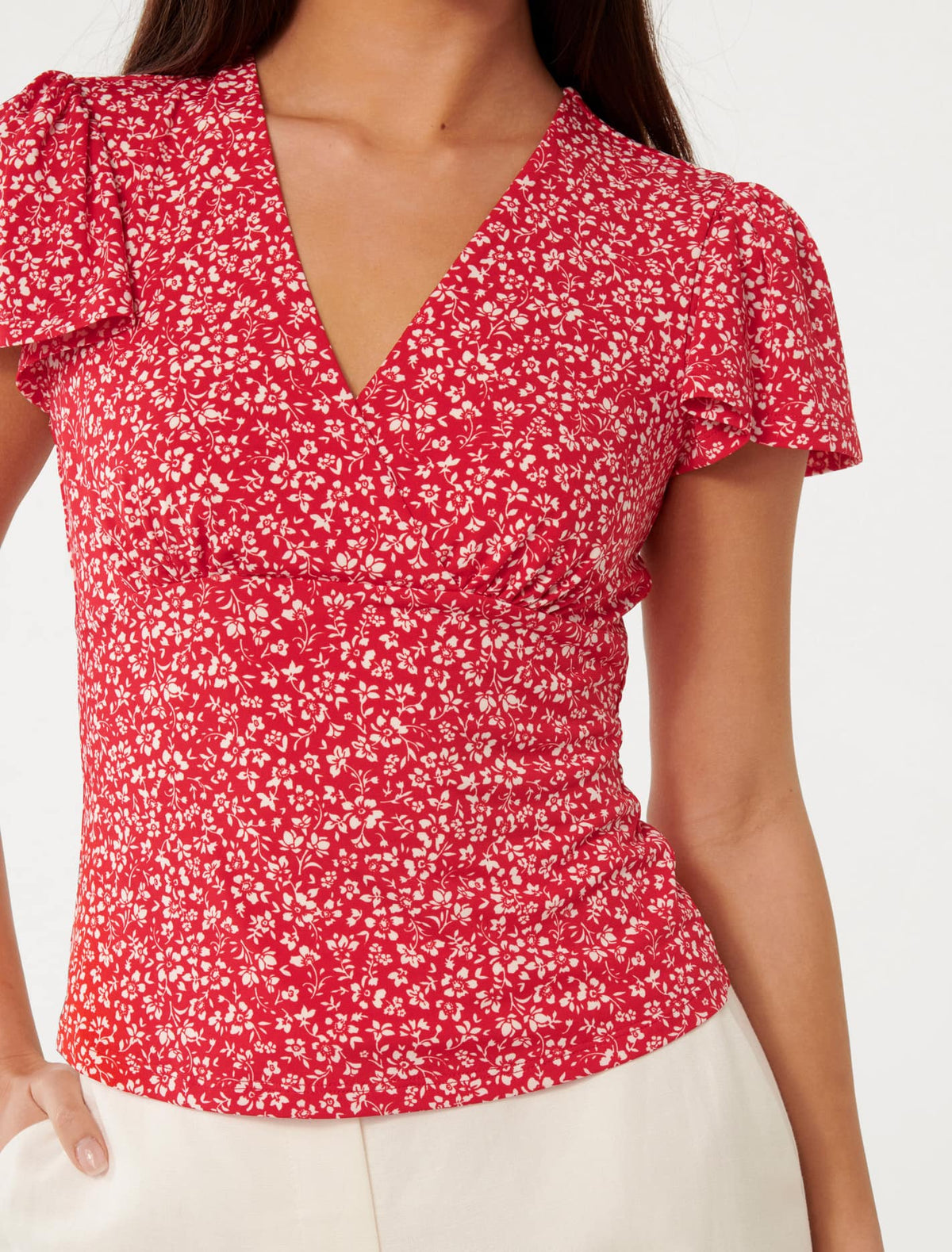 Lulu Printed Flutter Sleeve Top Red Park Ditsy