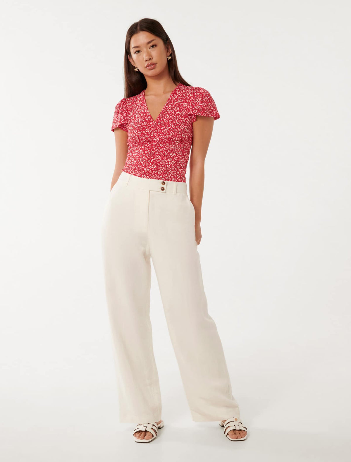 Lulu Printed Flutter Sleeve Top Red Park Ditsy