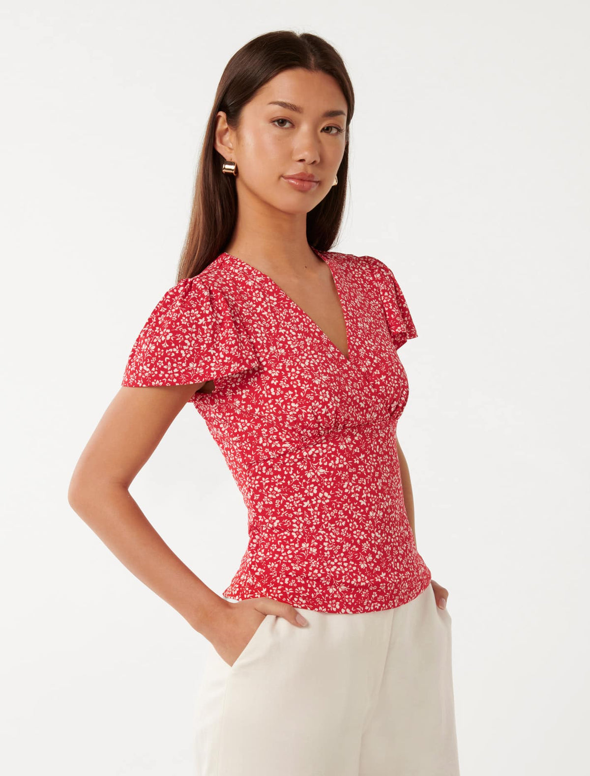 Lulu Printed Flutter Sleeve Top Red Park Ditsy