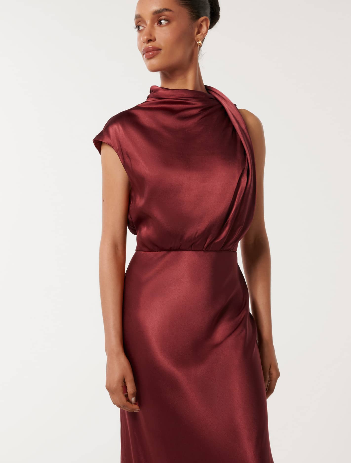 Sienna Petite High Neck Satin Midi Russet Brown