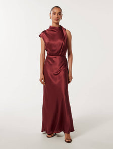 Sienna Petite High Neck Satin Midi Russet Brown