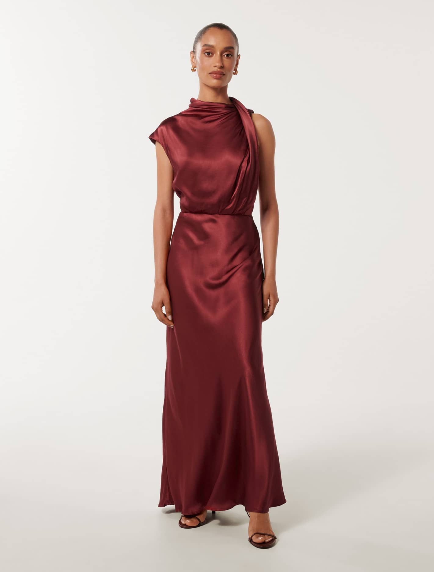 Sienna Petite High Neck Satin Midi Russet Brown
