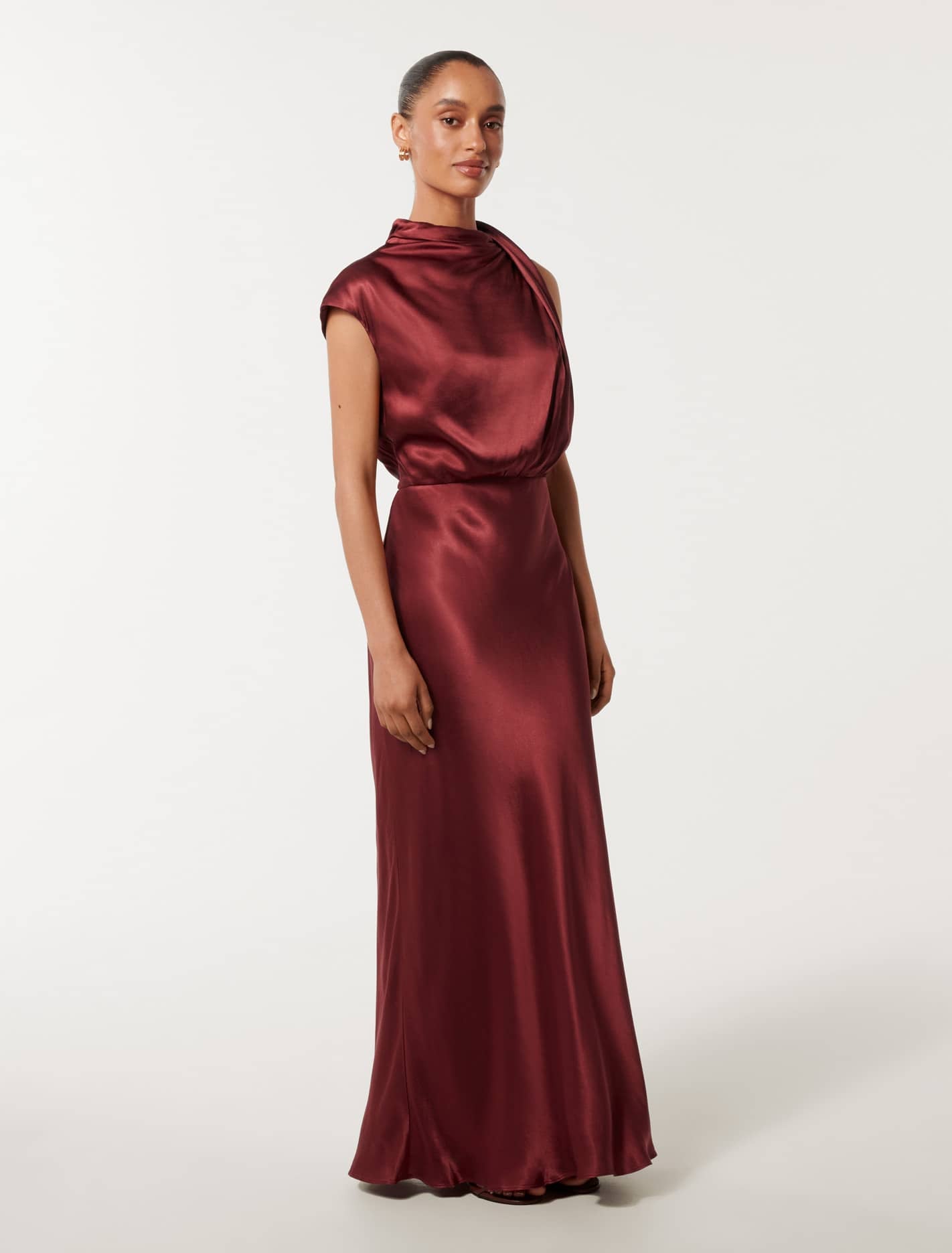 Sienna Petite High Neck Satin Midi Russet Brown
