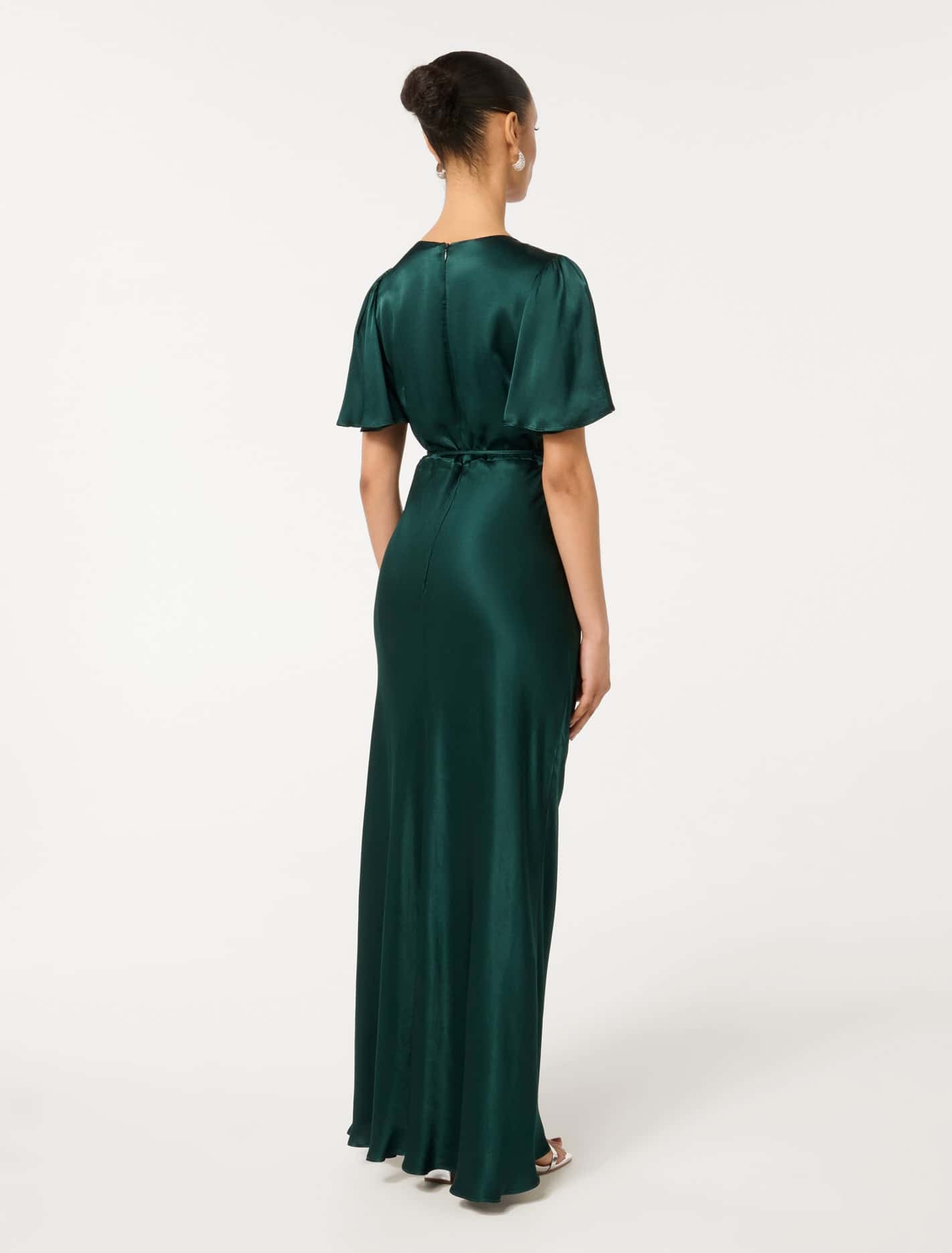 Chelsea Petite Flutter-Sleeve Satin Maxi Dress Forest Moss