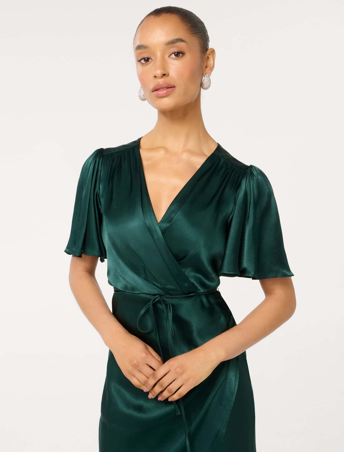 Chelsea Petite Flutter-Sleeve Satin Maxi Dress Forest Moss
