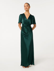 Chelsea Petite Flutter-Sleeve Satin Maxi Dress Forest Moss