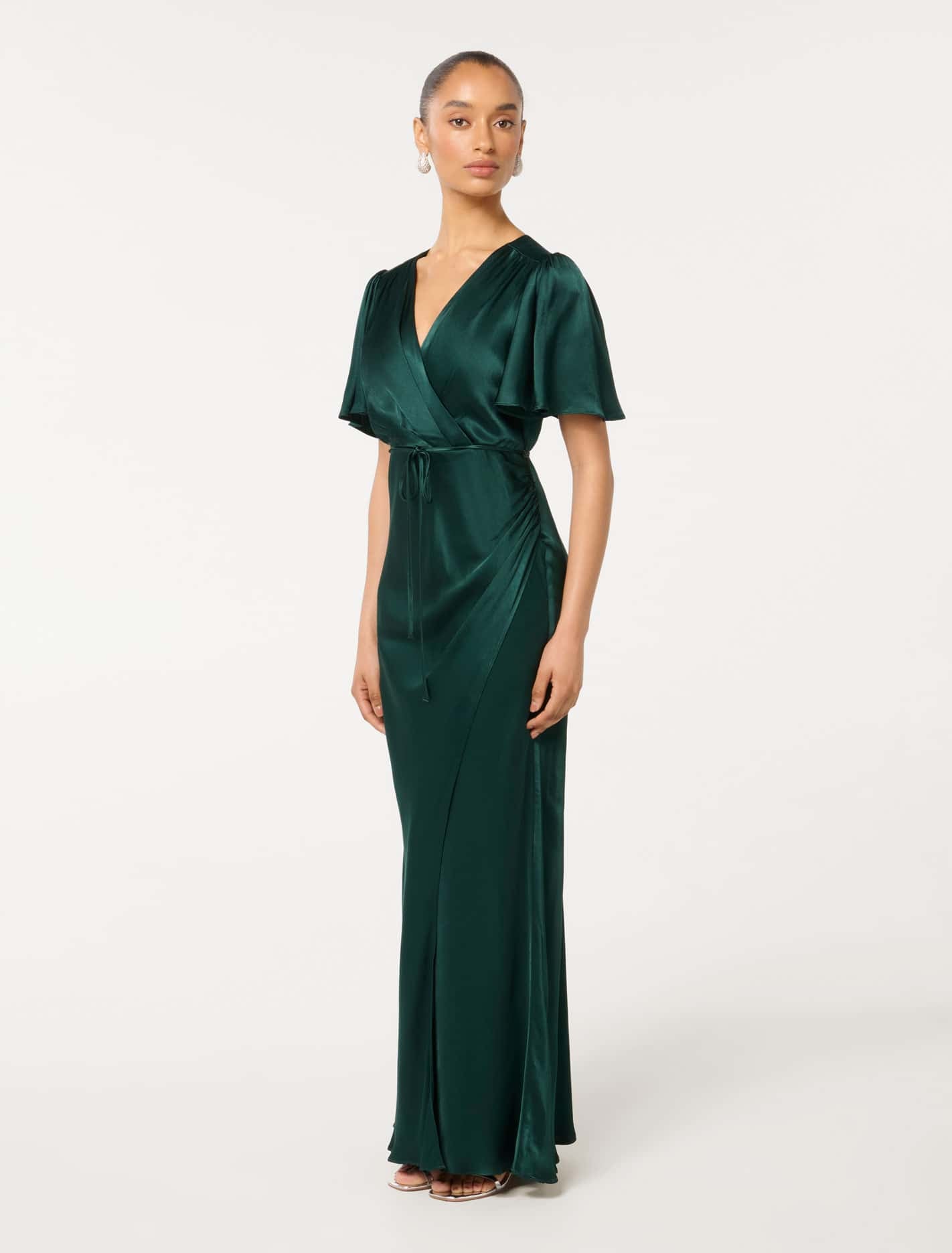 Chelsea Petite Flutter-Sleeve Satin Maxi Dress Forest Moss