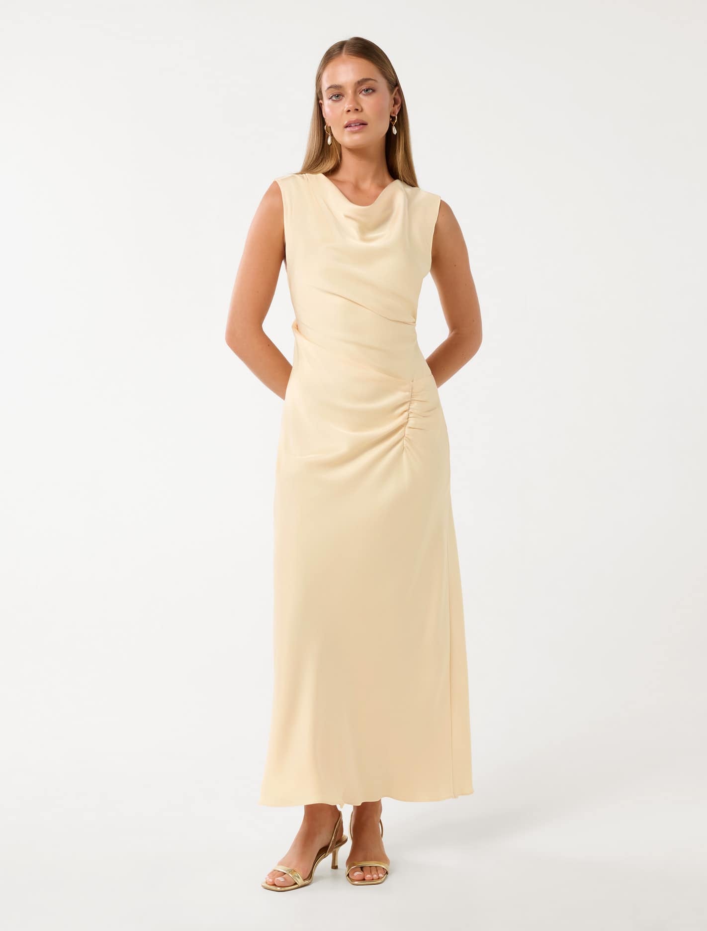 Ava Draped Satin Maxi Dress Vanilla Custard