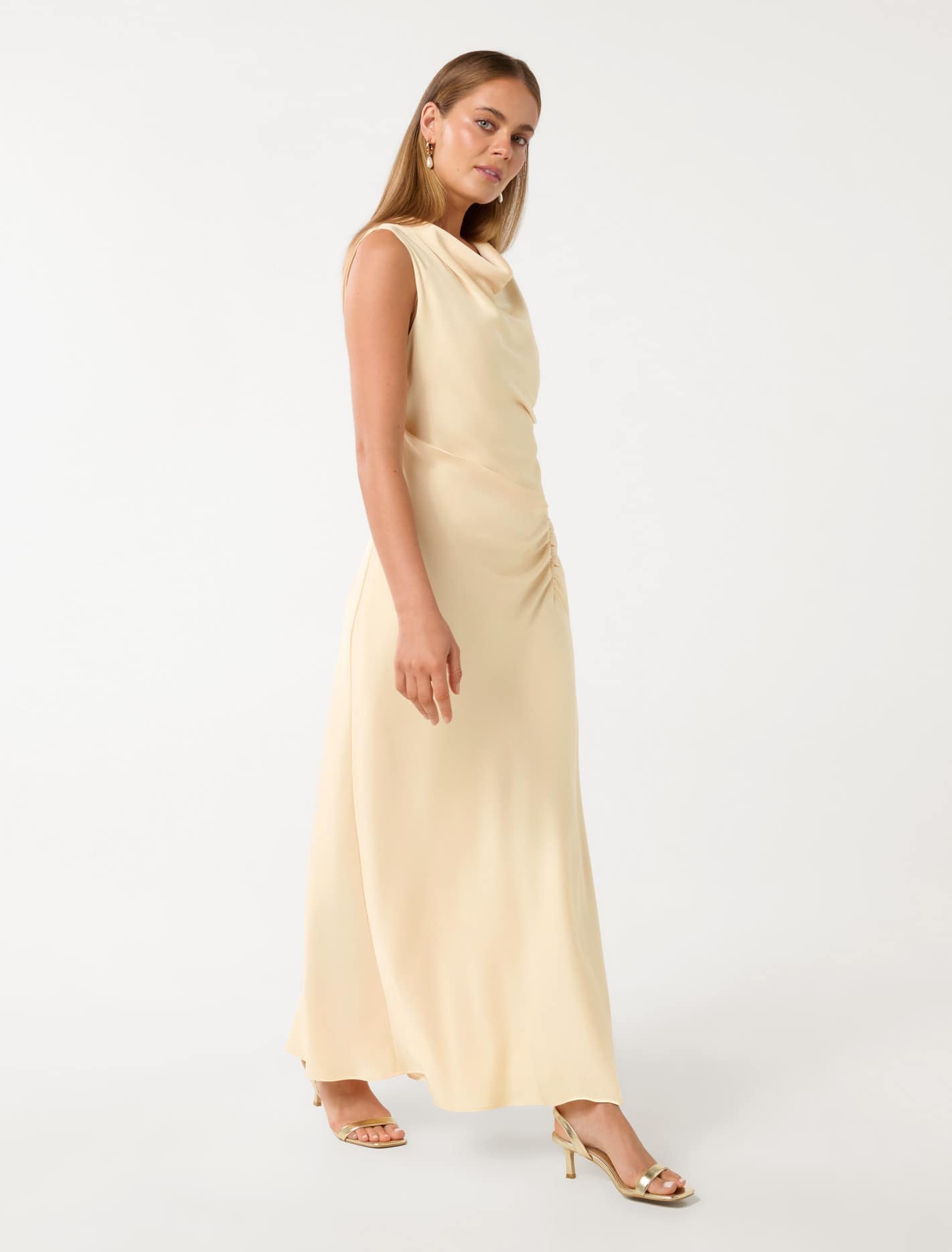 Ava Draped Satin Maxi Dress Vanilla Custard