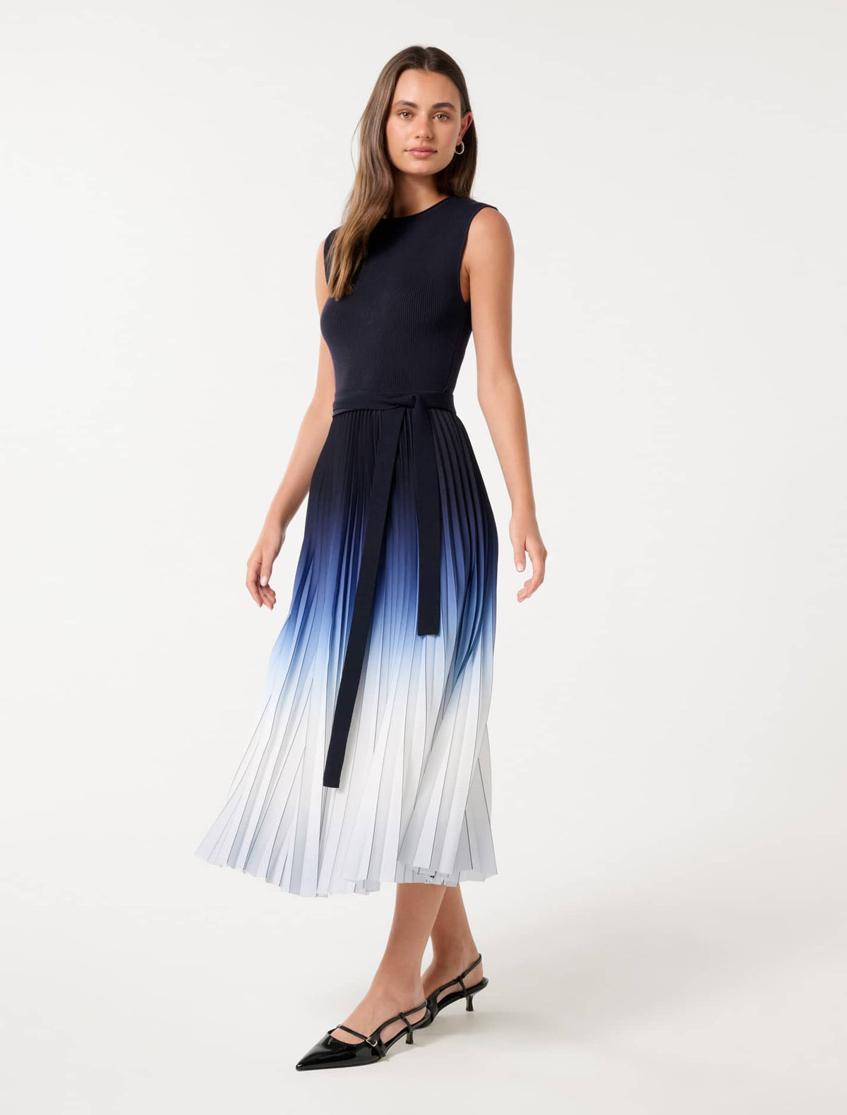 Elara Ombre Pleat Midi Dress Navy