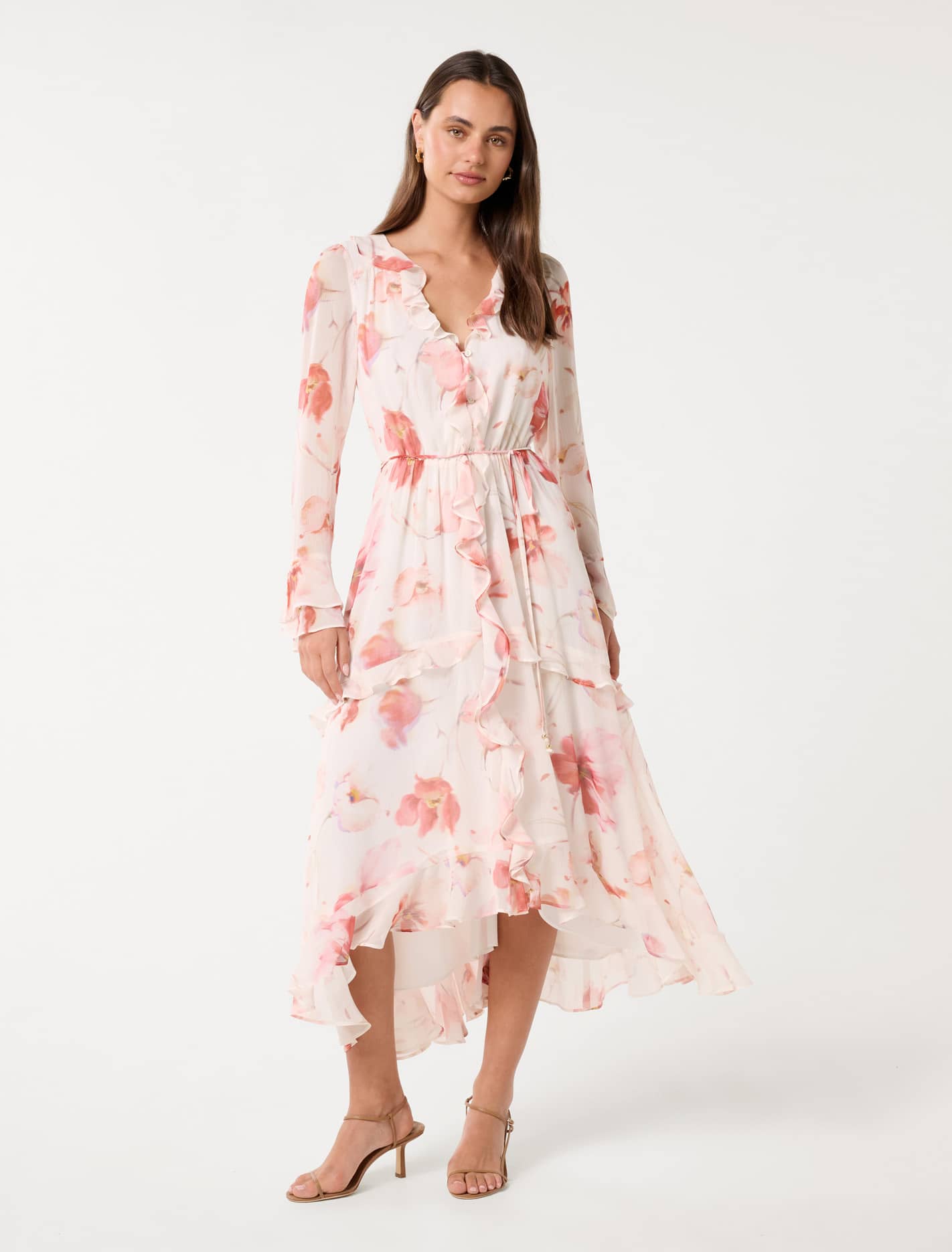 Kya Long Sleeve Frill Midi Dress Valerie Floral