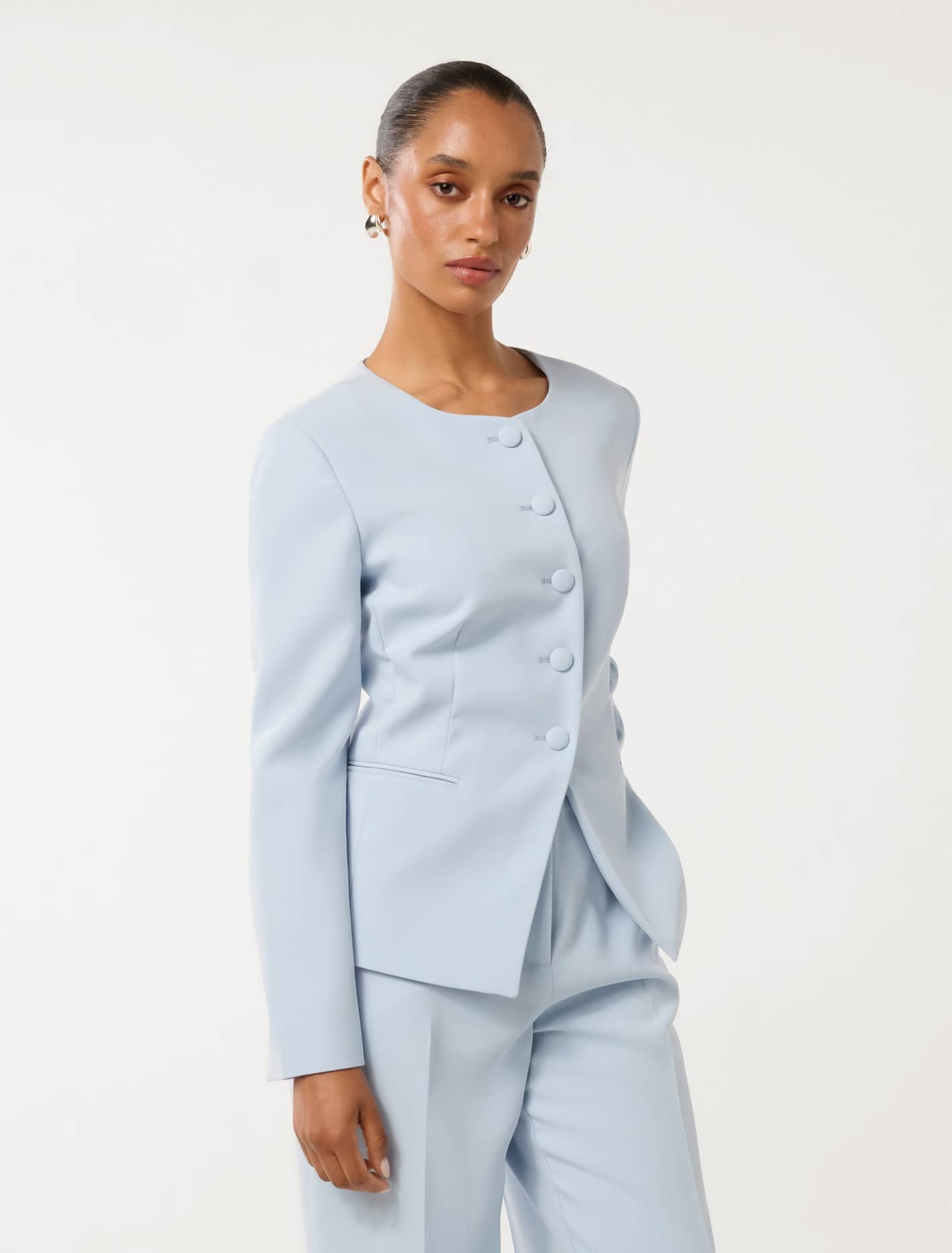 Grace Petite High Neck Blazer Misty Sky Co-Ord