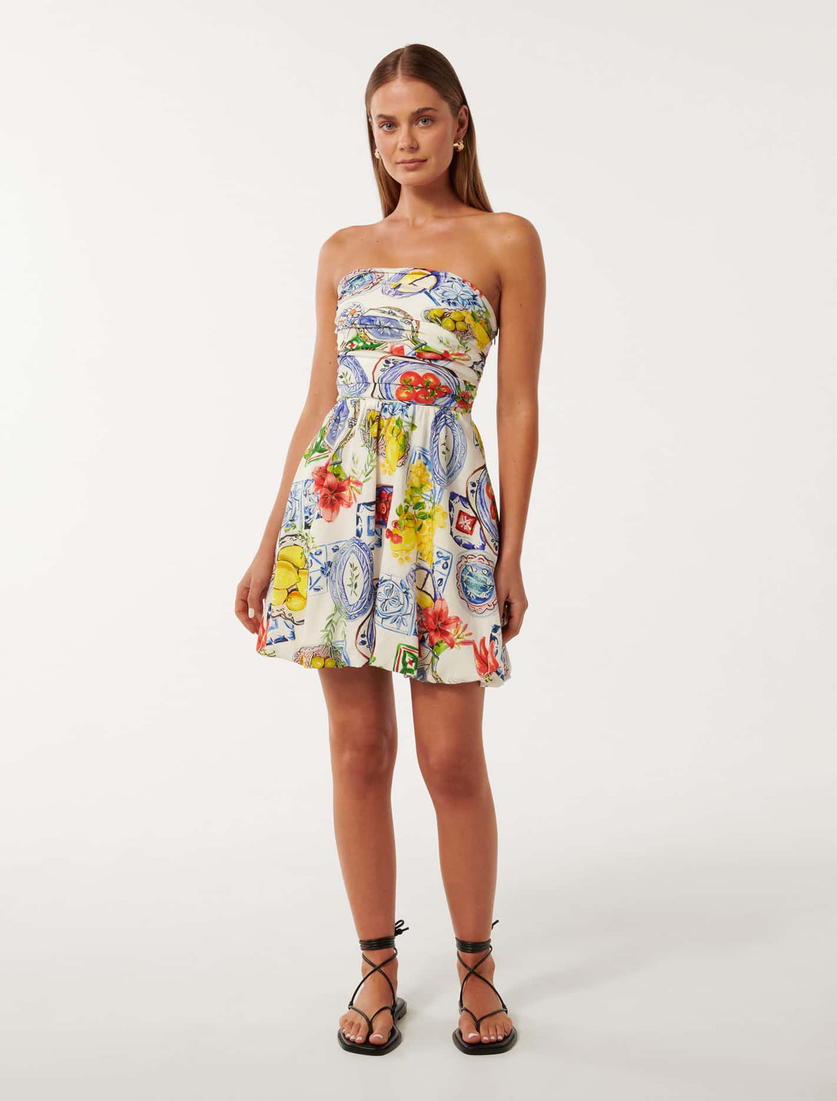 Phoebe Strapless Bubble-Hem Mini Dress Sorrento Tile