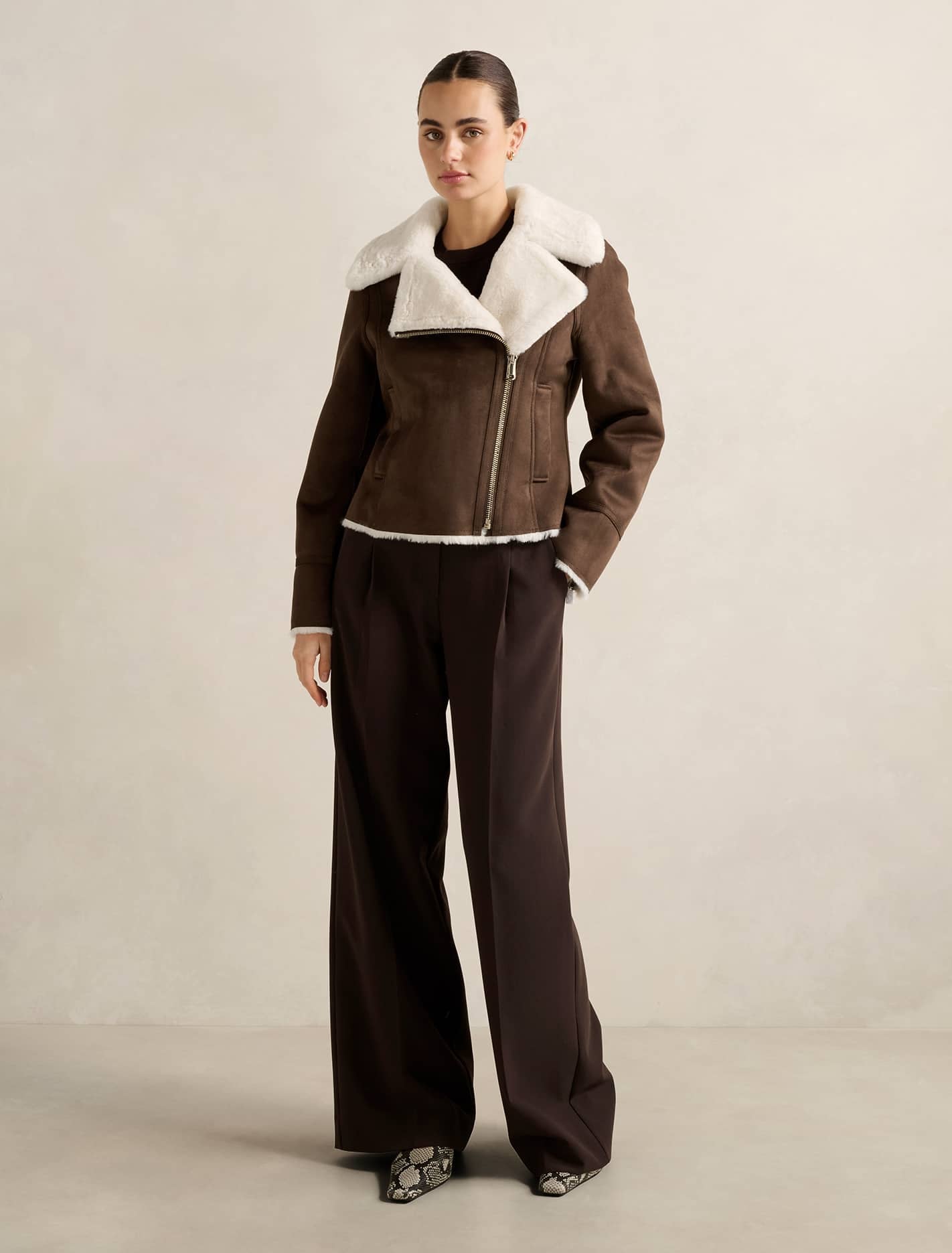 Penny Faux Fur Aviator Jacket Dark Chocolate