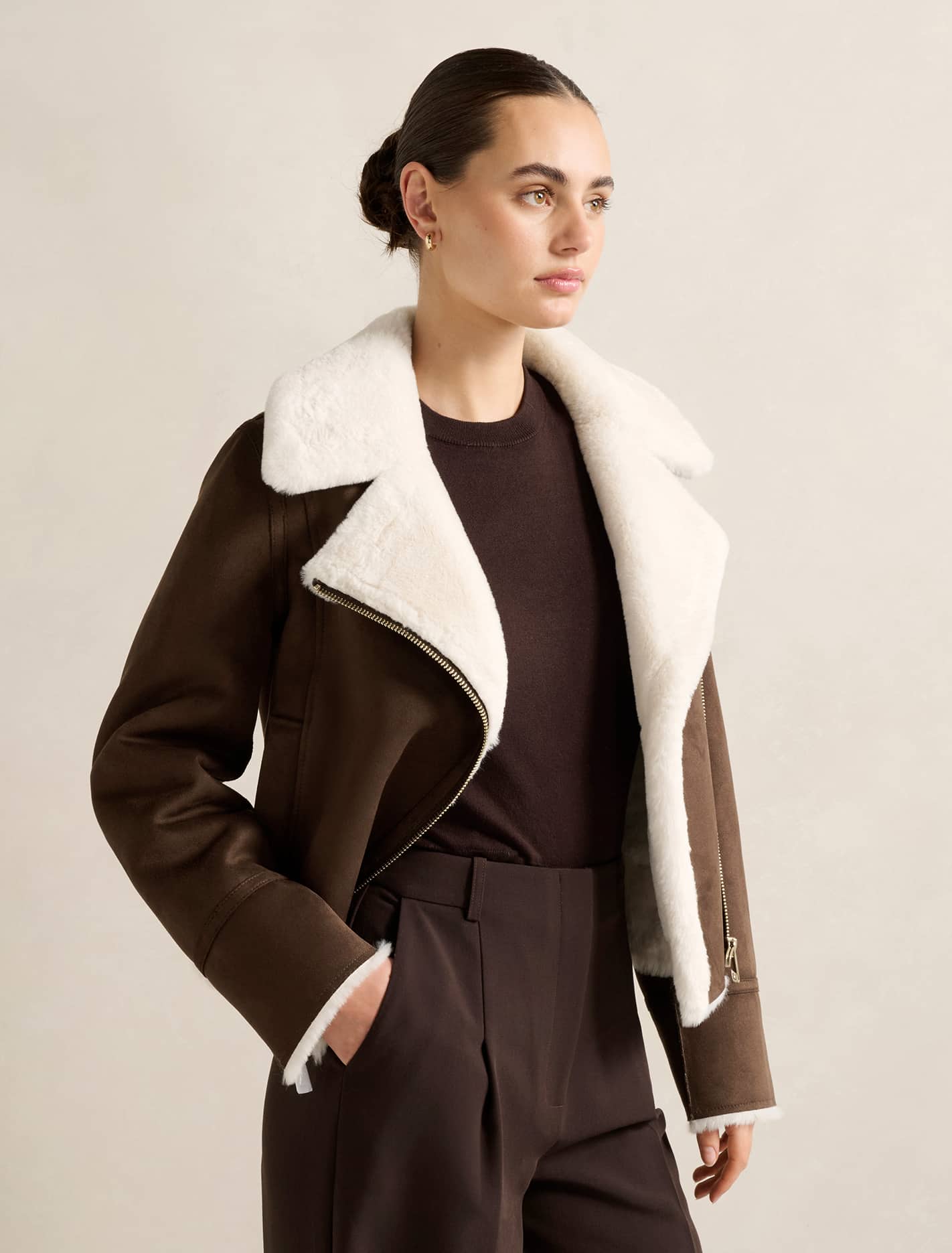 Penny Faux Fur Aviator Jacket Dark Chocolate