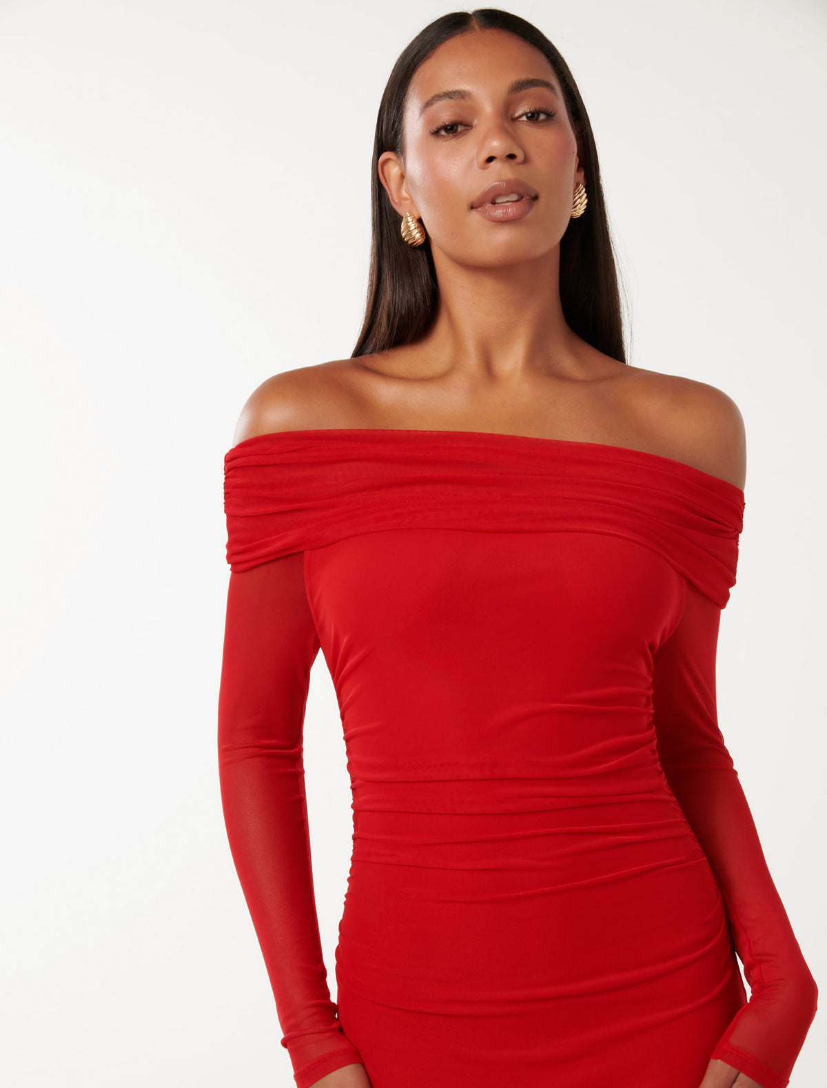 Minnie Mesh Bardot Midi Dress Red