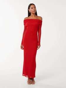 Minnie Mesh Bardot Midi Dress Red